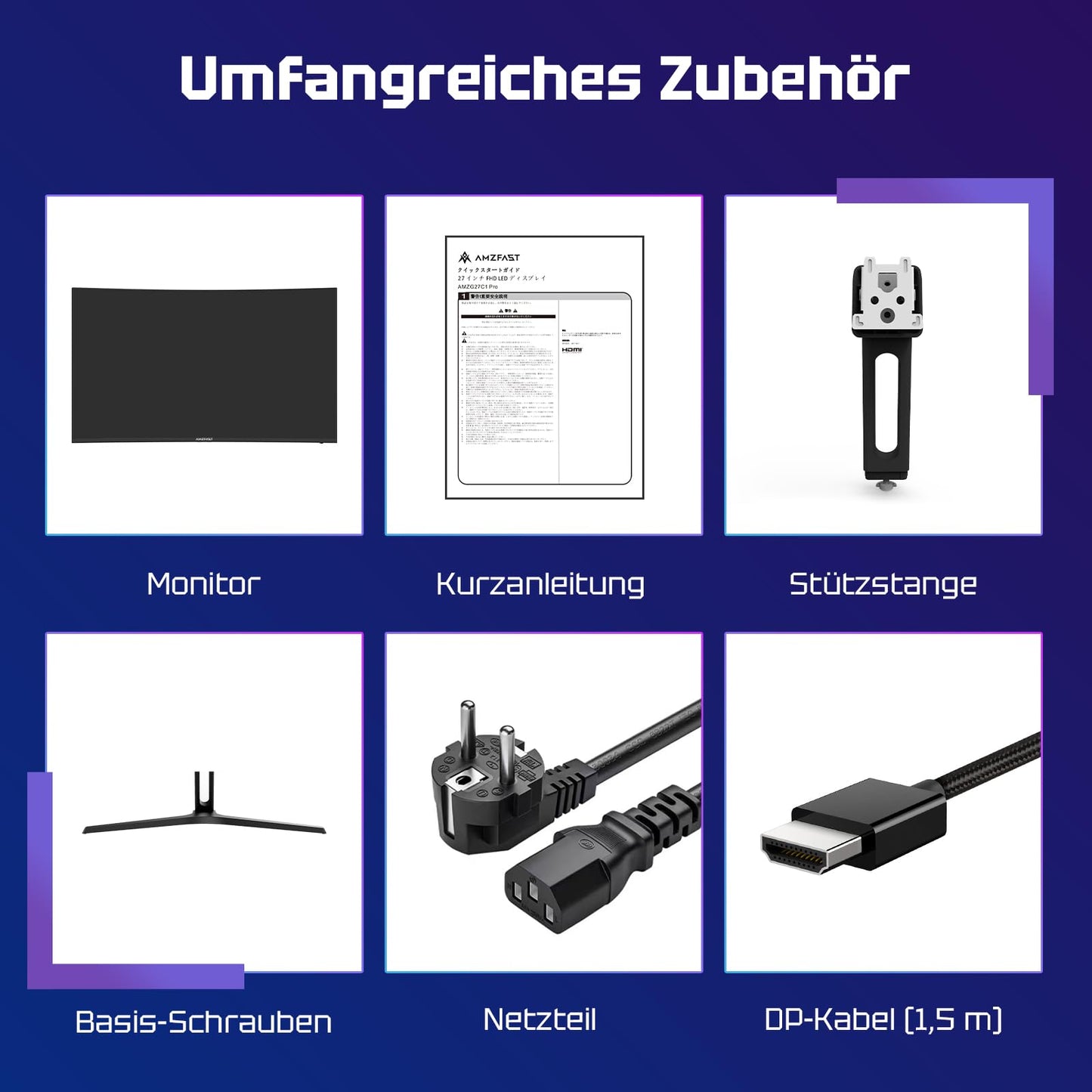 Amzfast Curved Gaming Monitor 27 Zoll, 240Hz(DP), FHD(1920x1080), sRGB 130%, DCI-P3 98%, VA Panel 1500R, 1ms GtG, Adaptive Sync, Eye-Care, VESA 100x100, HDMI 2.0/DP 1.4 mit DP-Kabel - AMZG27C1 Pro