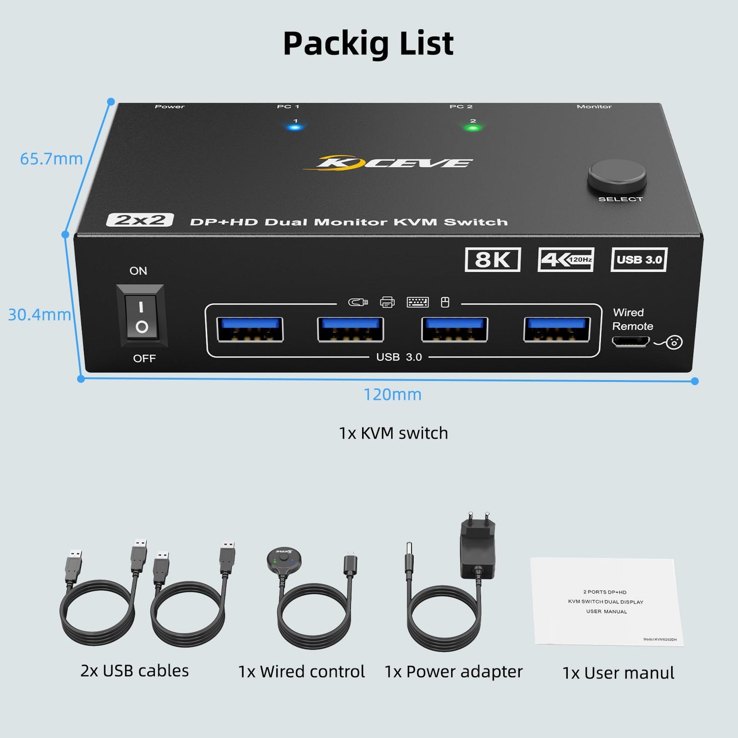 KVM Switch 2 Monitore 2 PC 8K, Displayport + HDMI USB 3.0 KVM Umschalter für zwei Monitore, Unterstützt 8K@60Hz, 4K@120Hz für 2 Computer, die Tastatur, Maus und Monitor teilen