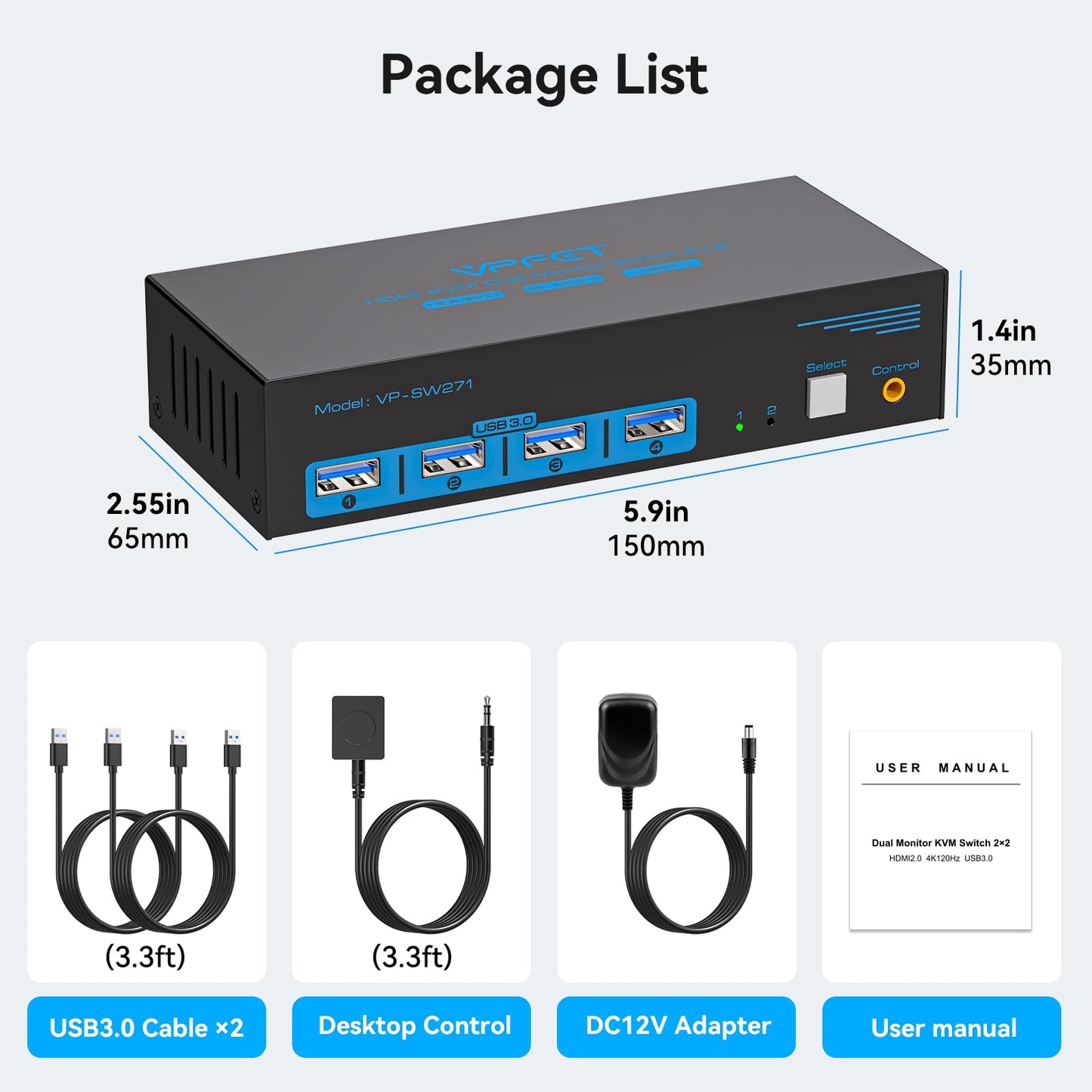 AILVLVNG 4K 120Hz HDMI KVM Switch 2 PC 2 Monitor 8K 60Hz USB 3.0 Commutateur KVM pour 2 Ordinateurs pour Oartager Deux Moniteurs et 4 Périphériques USB Tels que Claviers, Souris