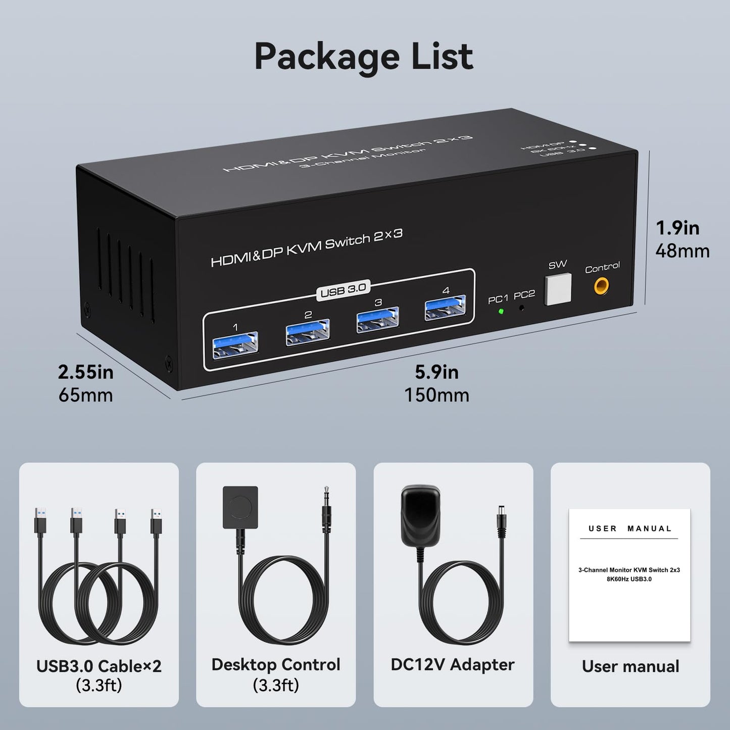 TJCXELE KVM Switch 2 PC 3 Monitore HDMI + 2 DisplayPort 8K60Hz, USB 3.0 KVM Switches for 2 PC Sharing 3 Monitors And 4 USB Devices Supports Extended & Copy Mode with 12V Adapter And Desktop Controller