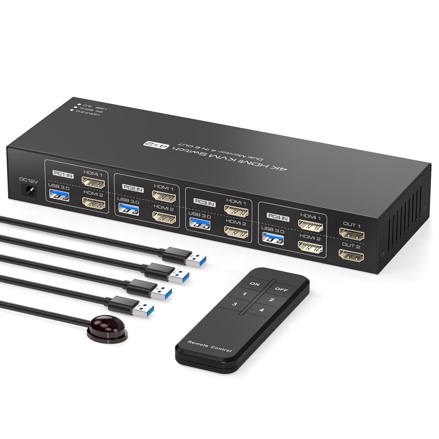 PVBCTCSID KVM Switch 4 PC 2 Monitore 4K60Hz HDMI KVM Switch 4 Port USB Umschalter 4 In 2 Out für 4 PC Dual Monitor Und USB3.0-Geräte Mit Vier USB3.0-Kabeln Und IR-Fernbedienung