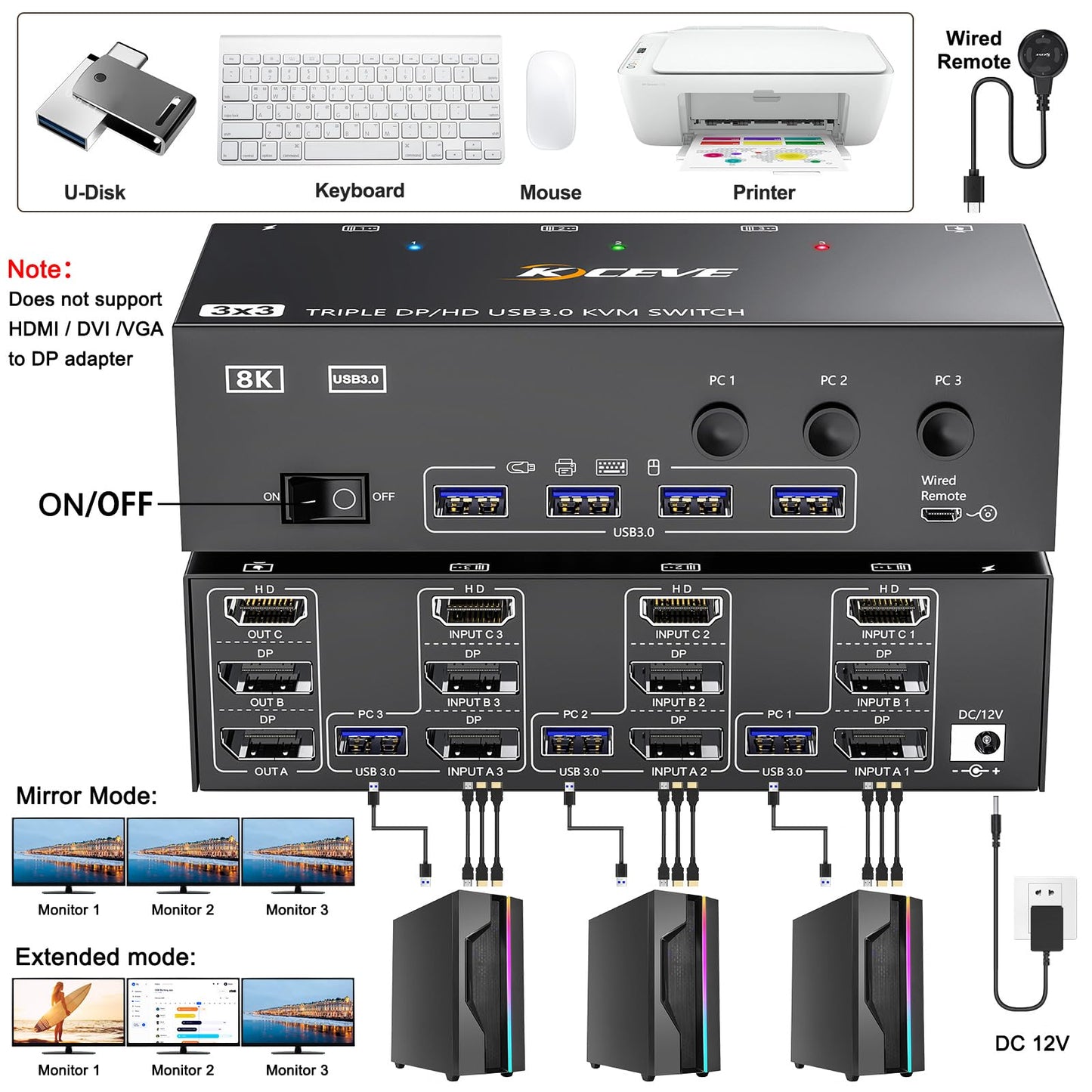 YOUTINGHDAV KVM Switch 3 PC 3 Monitore 8K@60Hz, 4K@144Hz, USB 3.0 KVM Switch Triple Monitor 2 Displayport 1.4 + HDMI 2.1 für 3 PC Teilen Maus, Tastatur mit Wired Remote