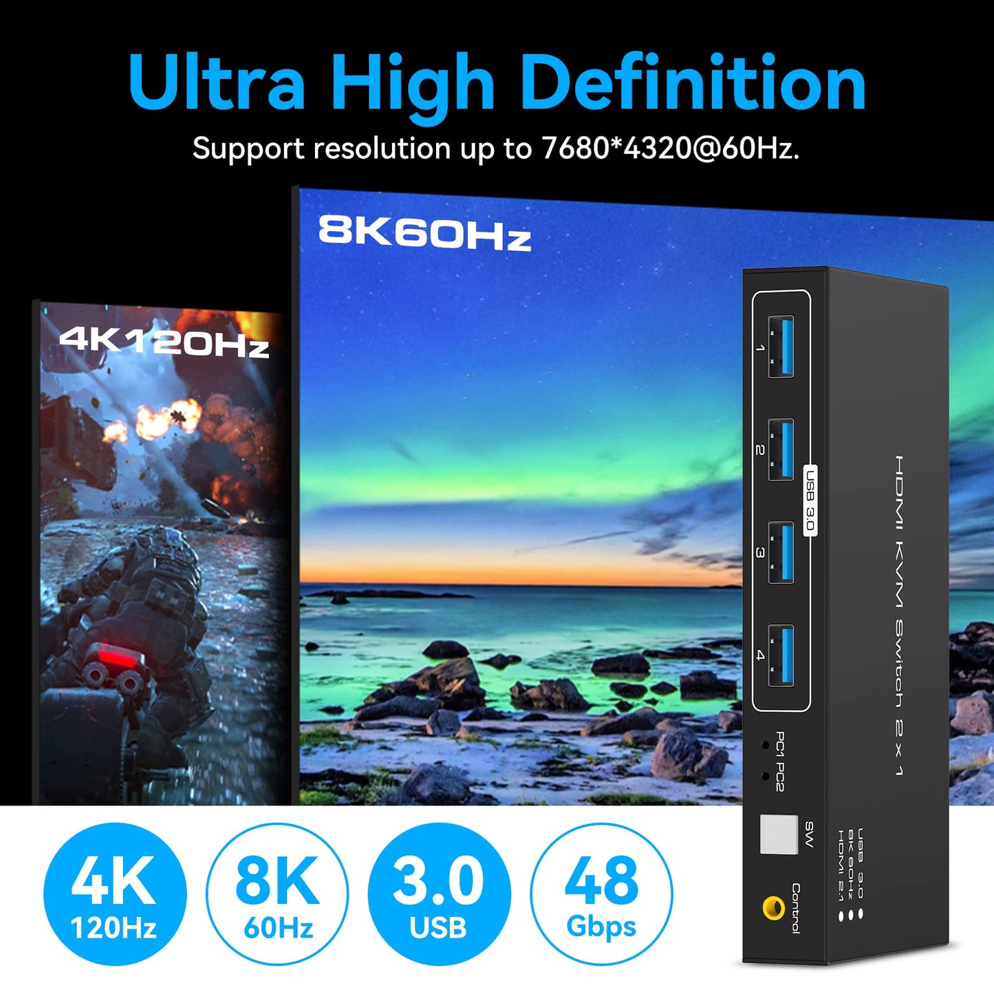 VPFET 4K120Hz HDMI USB 3.0 KVM Switch 2 PC 1 Monitore 8K60Hz KVM Switches für 2 Computer teilen sich 1 Satz Maus Unterstützt Desktop Steuerung Enthält 2 USB 3.0 Kabel und Netzteile