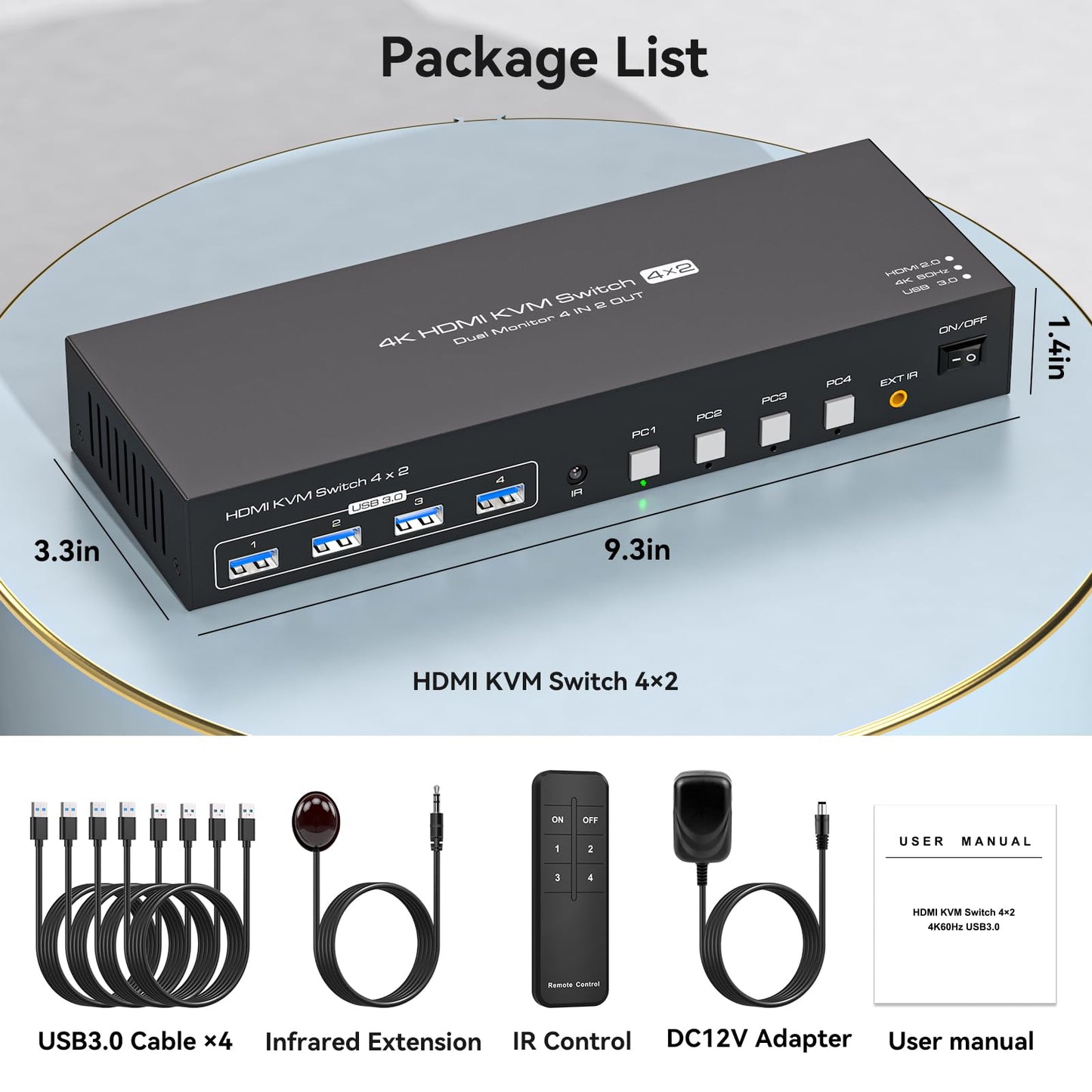PVBCTCSID KVM Switch 4 PC 2 Monitore 4K60Hz HDMI KVM Switch 4 Port USB Umschalter 4 In 2 Out für 4 PC Dual Monitor Und USB3.0-Geräte Mit Vier USB3.0-Kabeln Und IR-Fernbedienung