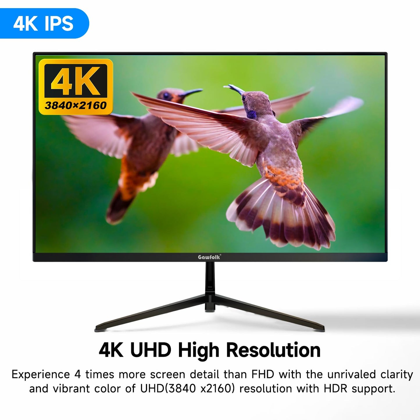 Gawfolk 4K IPS 27 Zoll Monitor 60Hz, PC Bildschirm UHD 3840 x 2160p Rahmenloses Computerbildschirm für Home Office Business, DP, HDMI, VESA 75 * 75MM
