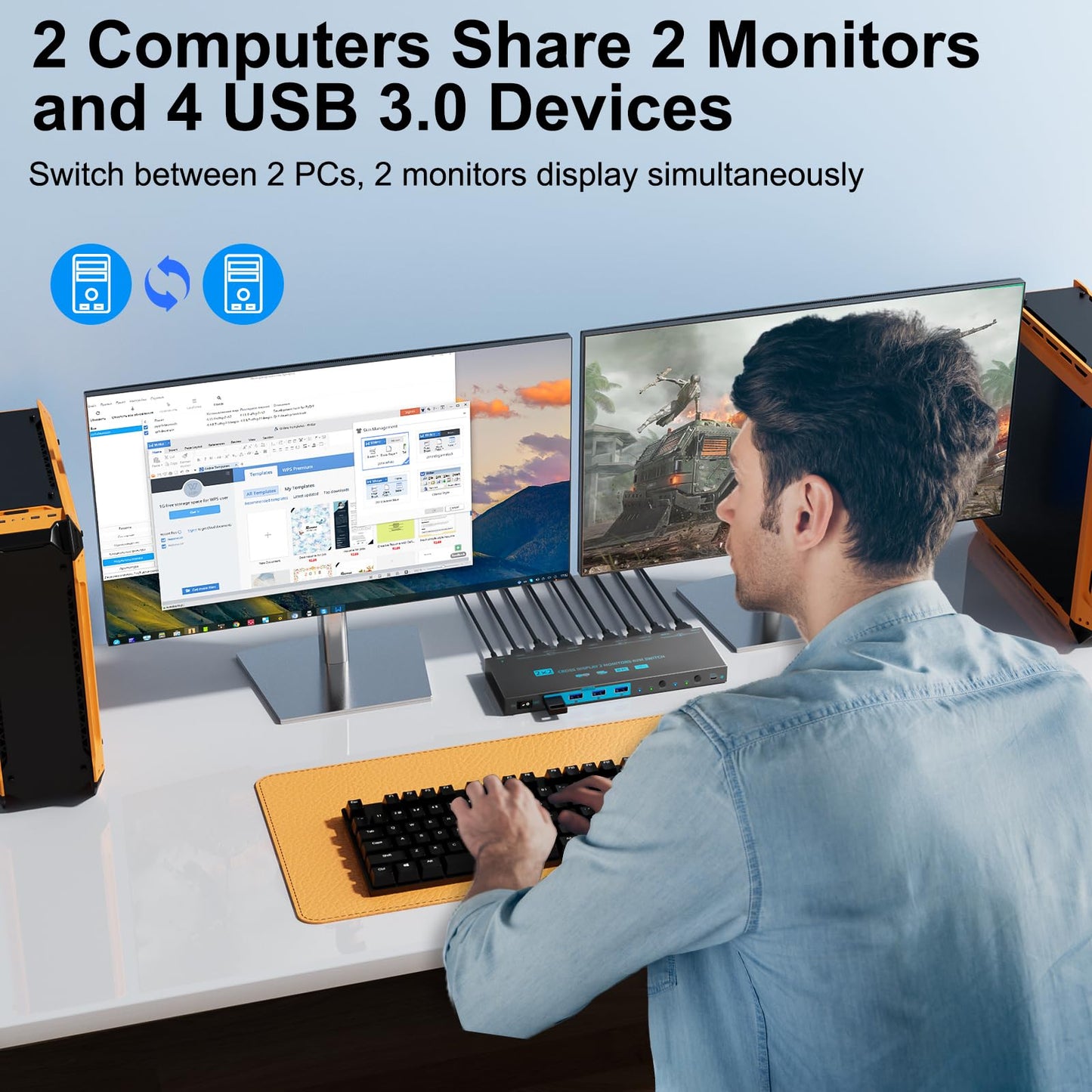 Dual-Modus KVM Switch 2 PC 2 Monitore 8K Dual Monitor HDMI 2.1 Cross Display 2 In 2 Out USB 3.0 KVM-Switches 8K@60Hz/4K@120Hz, mit 2 HDMI-Kabeln & 2 USB 3.0-Kabeln & kabelgebundener