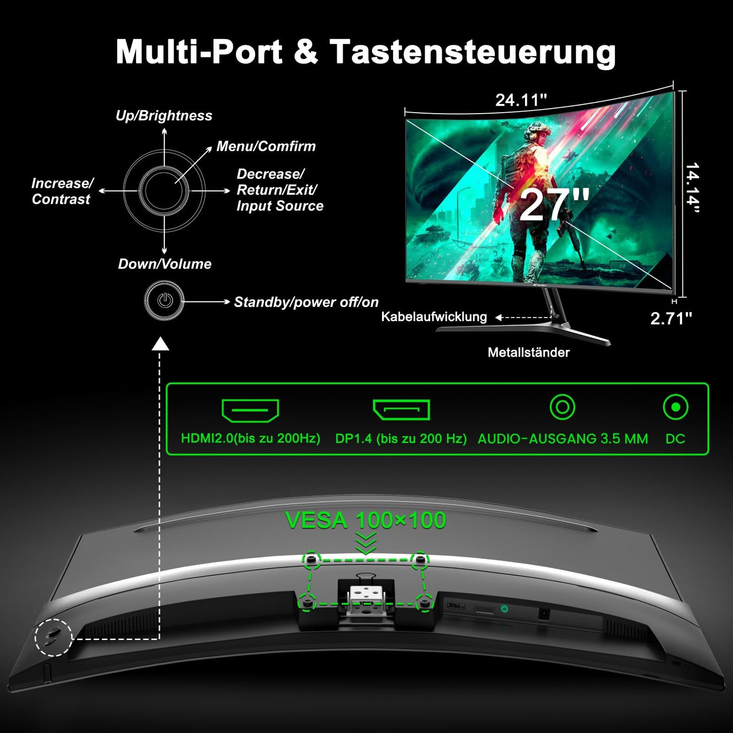 Minifire Gaming Curved Monitor 27 Zoll MFG27C1 200Hz 1Ms 130% sRGB Monitor mit Sprecher 1920 * 1080 VA Panel (MFG27C1 mit HDMI-Kabel)