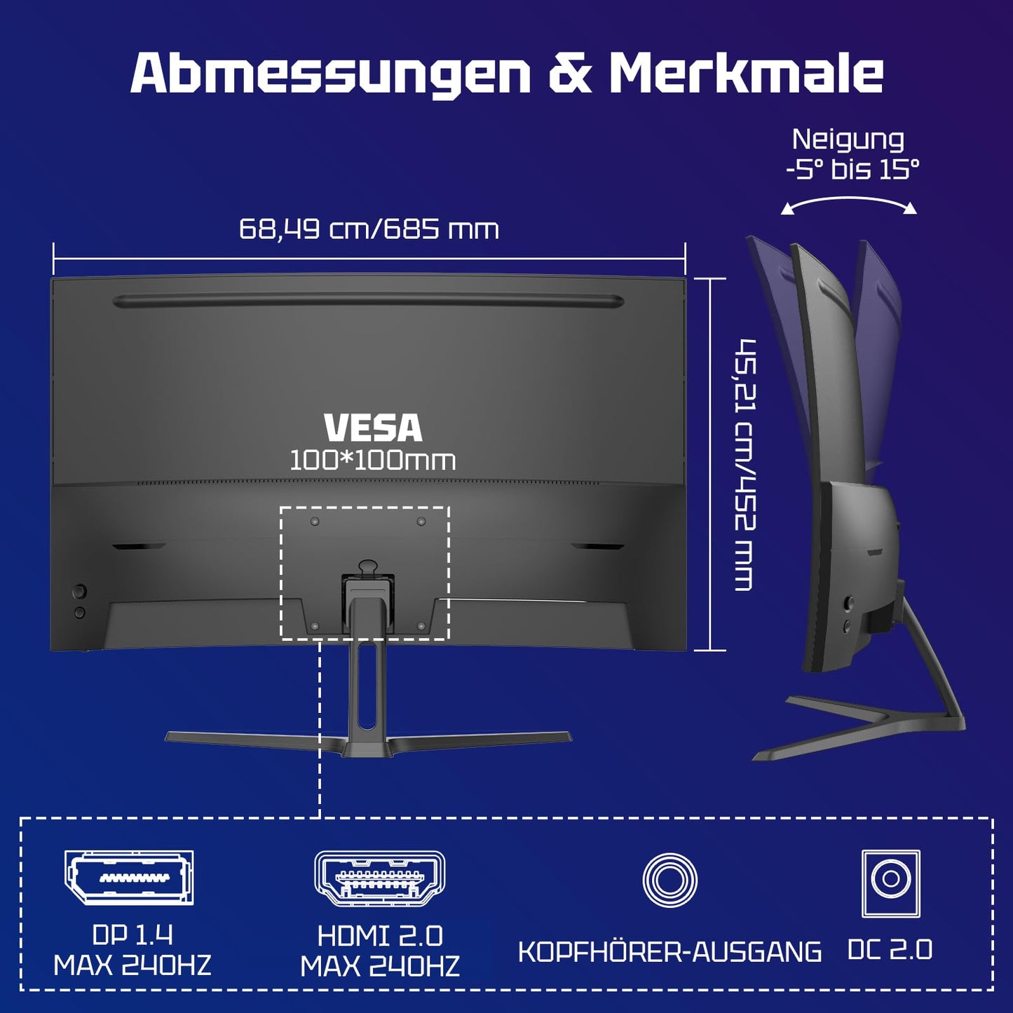 Amzfast Curved Gaming Monitor 27 Zoll, 240Hz(DP), FHD(1920x1080), sRGB 130%, DCI-P3 98%, VA Panel 1500R, 1ms GtG, Adaptive Sync, Eye-Care, VESA 100x100, HDMI 2.0/DP 1.4 mit DP-Kabel - AMZG27C1 Pro