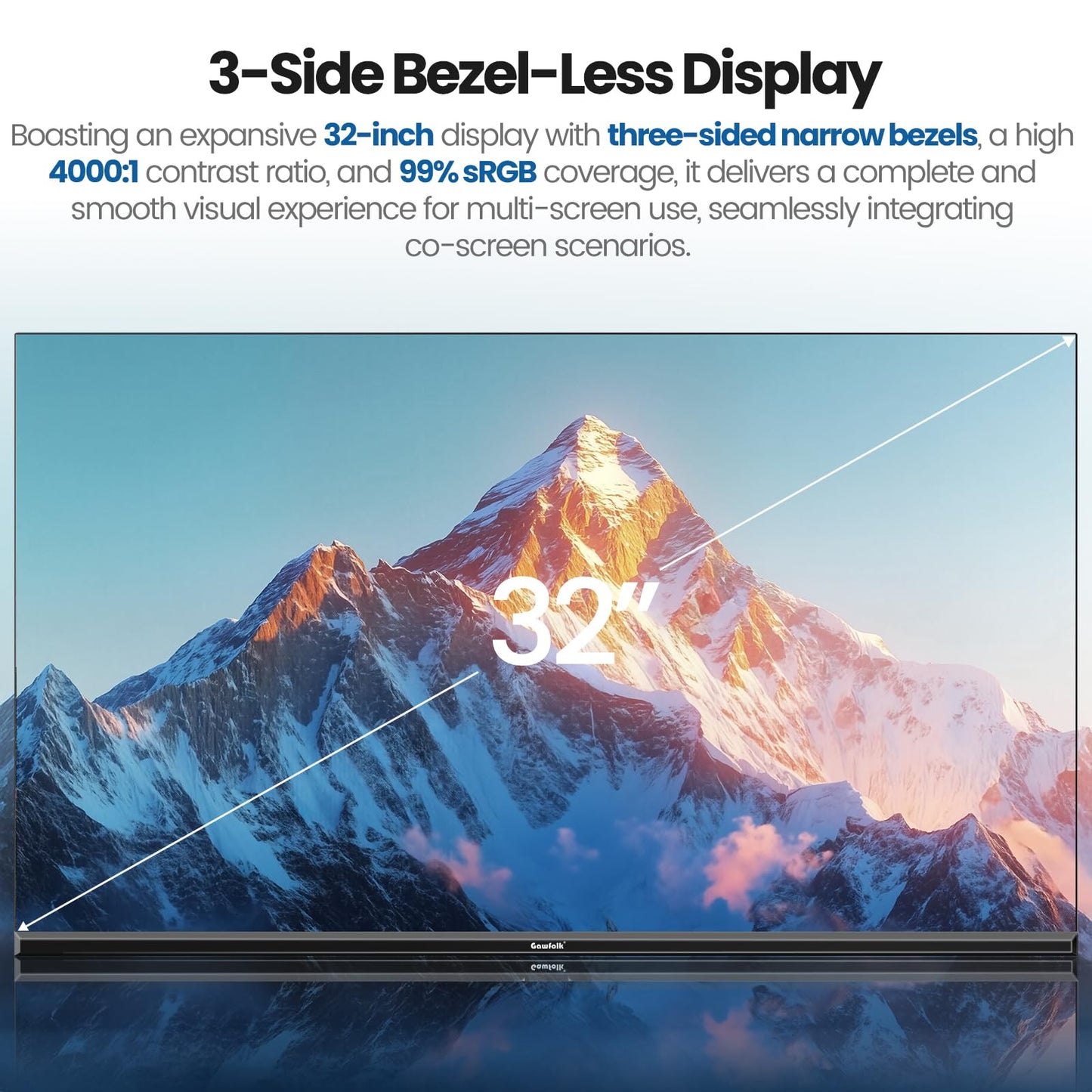 Gawfolk 32 Zoll Monitor 4K (3840 * 2160) UHD PC Gaming Monitor, VA Panel, HDR, HDMI/DP, 60Hz, schmaler Rand, 100x100mm VESA, 16:9, Black