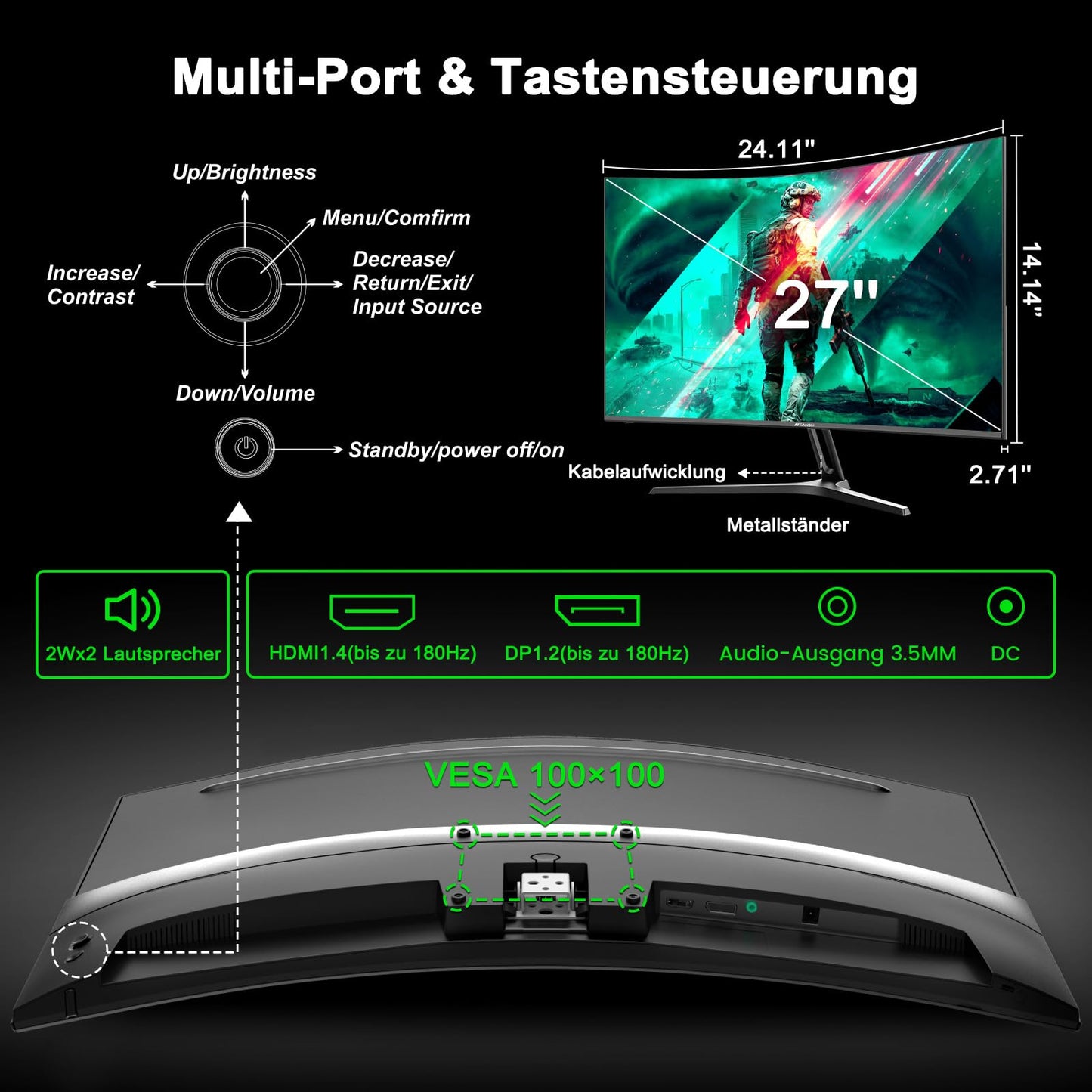 Minifire 27 Zoll Gaming Monitor, 180Hz, Curved Gaming Monitor, Lautsprecher, 1500R, 1Ms, sRGB130%, FHD 1080P Computer Bildschirm, VESA kompatibel, Eye Care Adaptive Sync HDMI&DP Prots(MFG27C1 )