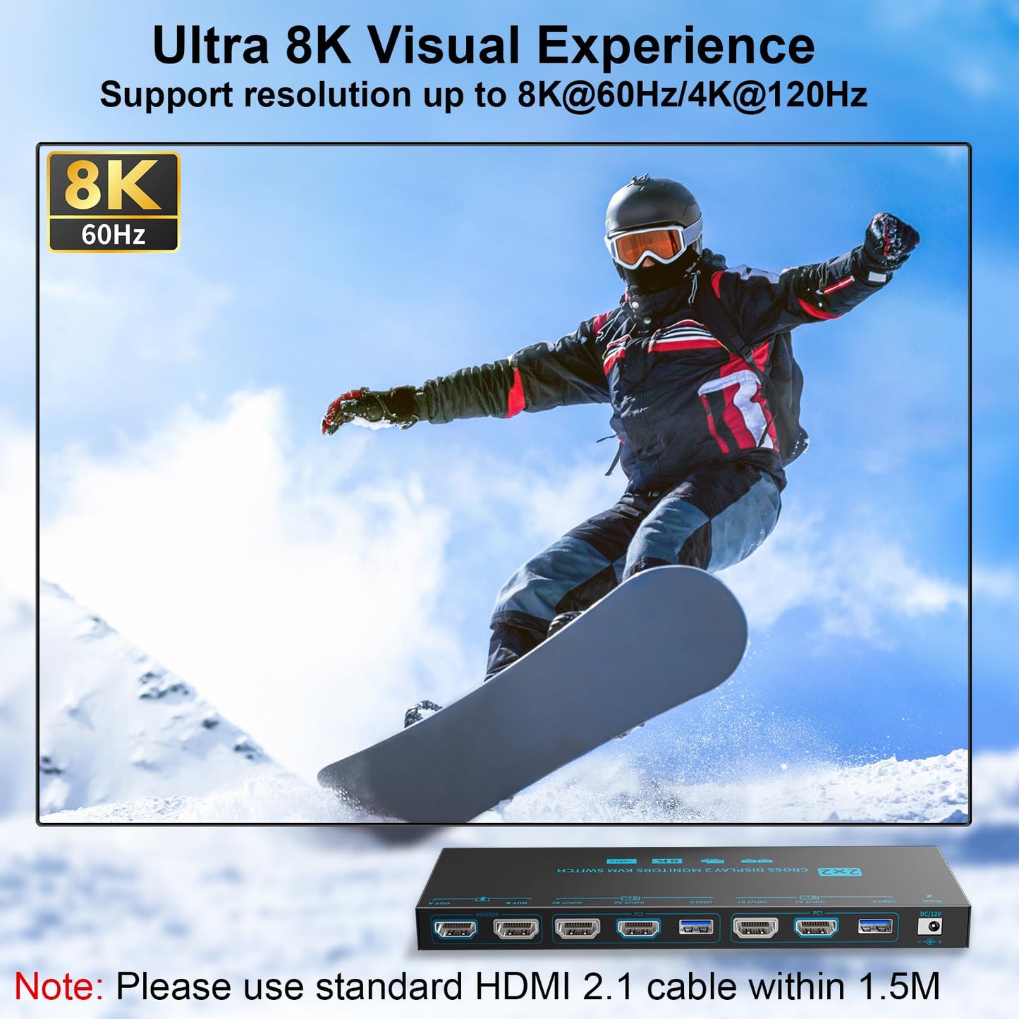 Dual-Modus KVM Switch 2 PC 2 Monitore 8K Dual Monitor HDMI 2.1 Cross Display 2 In 2 Out USB 3.0 KVM-Switches 8K@60Hz/4K@120Hz, mit 2 HDMI-Kabeln & 2 USB 3.0-Kabeln & kabelgebundener
