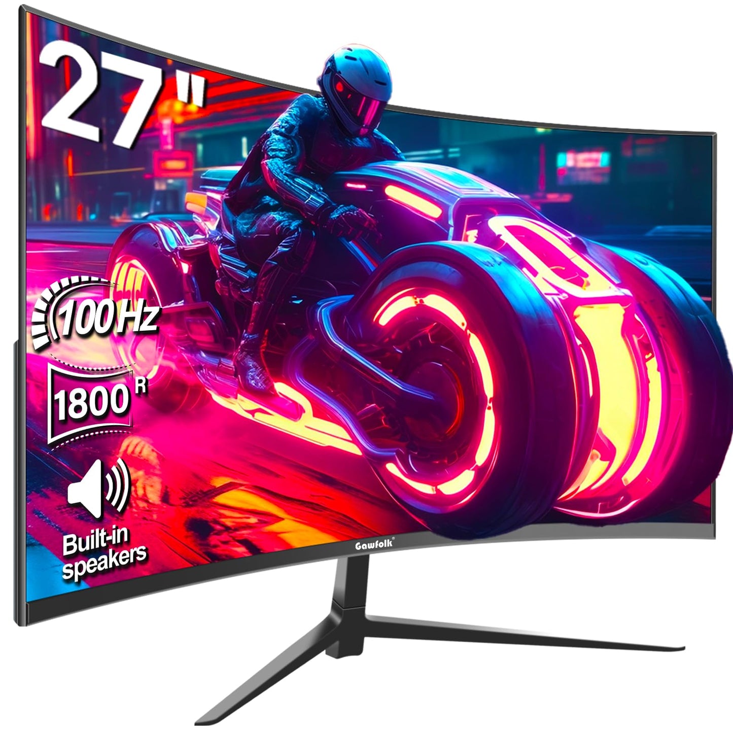 Gawfolk Curved Monitor 27 Zoll 100Hz, PC Bildschirm mit Lautsprecher 1080P, 1800R 75Hz Computerbildschirm mit Eye Care Technologie HDMI DP, unterstützt VESA