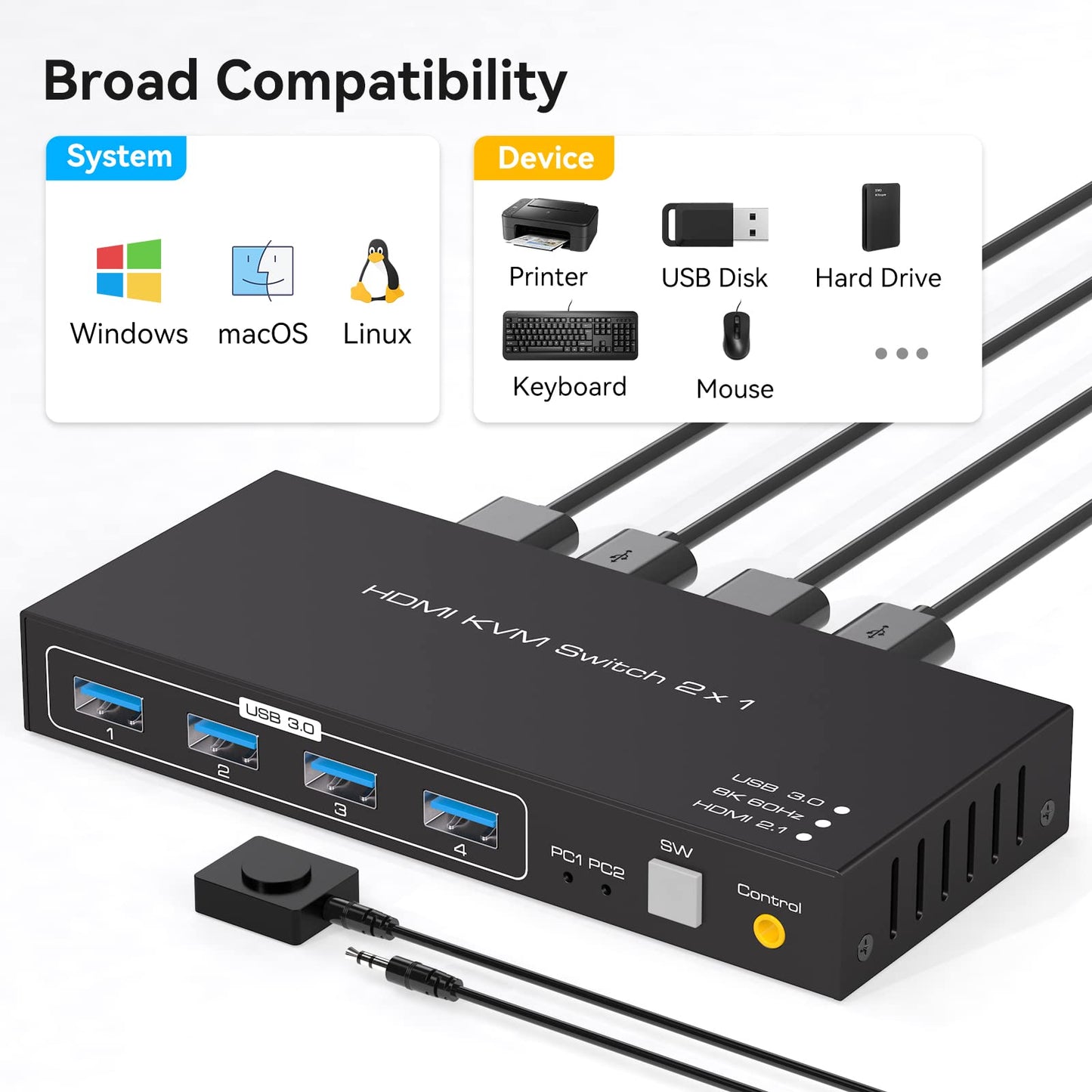 VPFET 4K120Hz HDMI USB 3.0 KVM Switch 2 PC 1 Monitore 8K60Hz KVM Switches für 2 Computer teilen sich 1 Satz Maus Unterstützt Desktop Steuerung Enthält 2 USB 3.0 Kabel und Netzteile