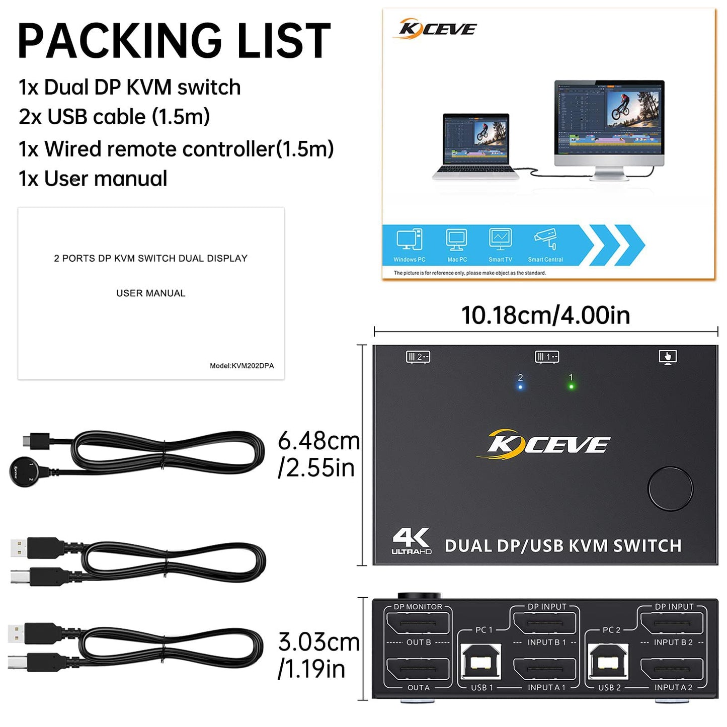 YOUTINGHDAV KVM Switch 2 PC 2 Monitore Displayport 1.4, USB KVM Switch Dual Monitor Displayport 4K@144Hz für 2 PC Teilen 4 USB Geräte Tastatur, Maus, mit Wired Remote und Kabels