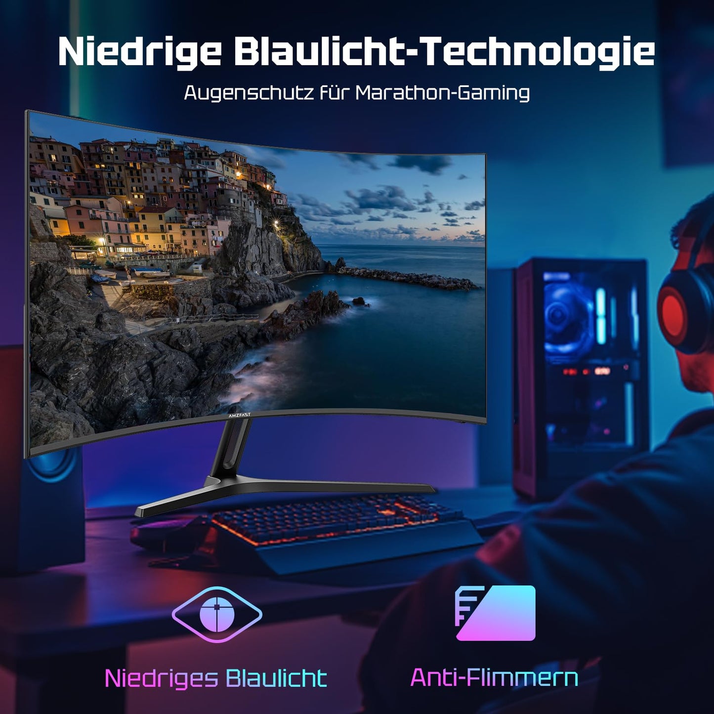 Amzfast Curved Gaming Monitor 27 Zoll, 240Hz(DP), FHD(1920x1080), sRGB 130%, DCI-P3 98%, VA Panel 1500R, 1ms GtG, Adaptive Sync, Eye-Care, VESA 100x100, HDMI 2.0/DP 1.4 mit DP-Kabel - AMZG27C1 Pro