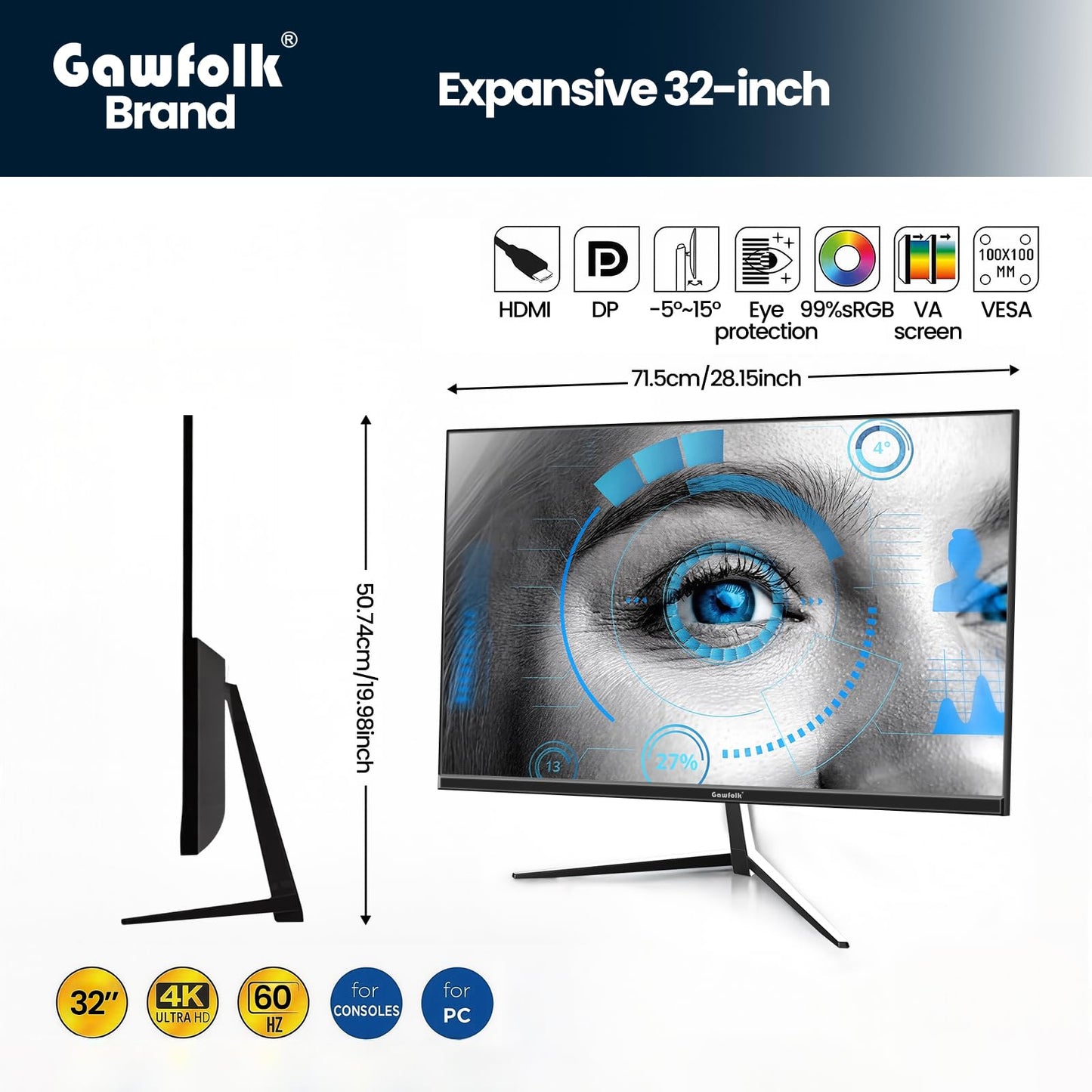 Gawfolk 32 Zoll Monitor 4K (3840 * 2160) UHD PC Gaming Monitor, VA Panel, HDR, HDMI/DP, 60Hz, schmaler Rand, 100x100mm VESA, 16:9, Black
