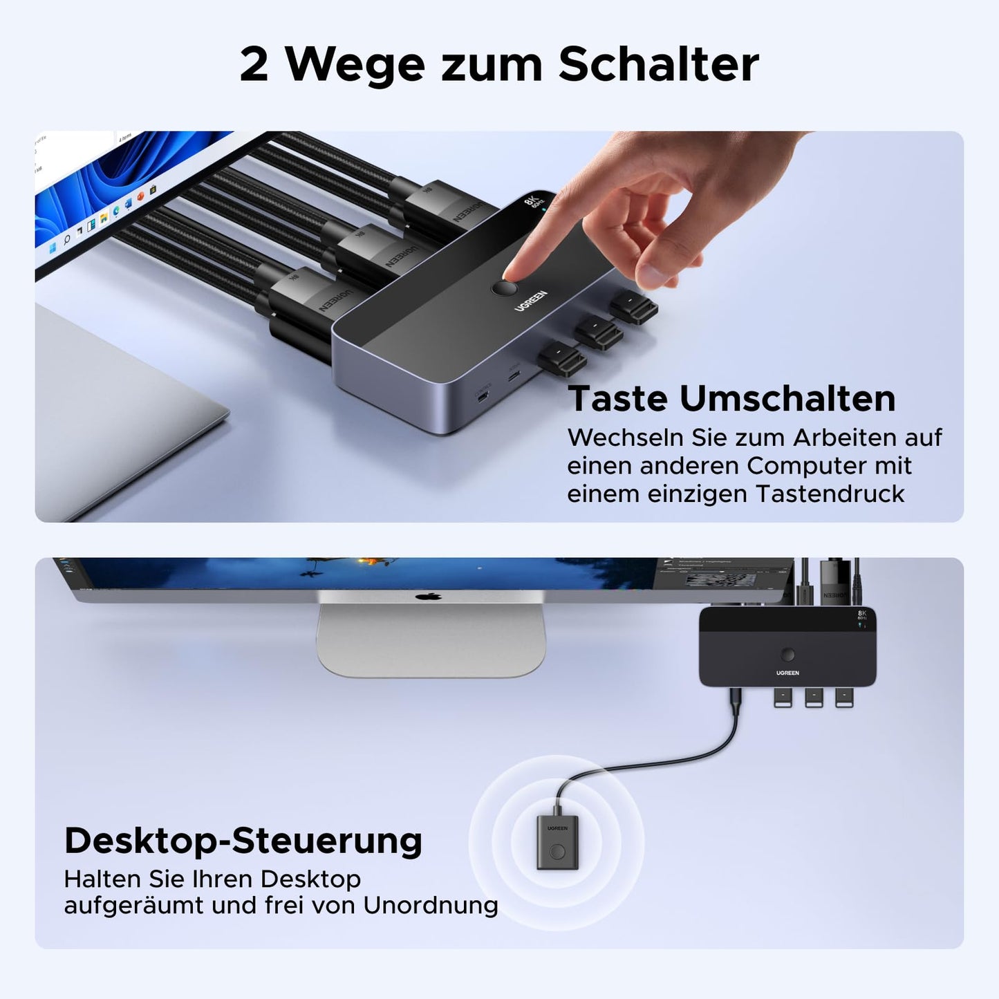 UGREEN Displayport KVM Switch 2 PC 2 Monitore 8K60Hz KVM Umschalter mit 4 USB 3.0 Ports Tastatur und Desktop-Controller Umschaltung Kompatibel mit Windows/Linux/MacOS usw.