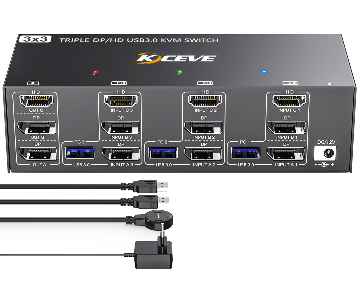 YOUTINGHDAV KVM Switch 3 PC 3 Monitore 8K@60Hz, 4K@144Hz, USB 3.0 KVM Switch Triple Monitor 2 Displayport 1.4 + HDMI 2.1 für 3 PC Teilen Maus, Tastatur mit Wired Remote
