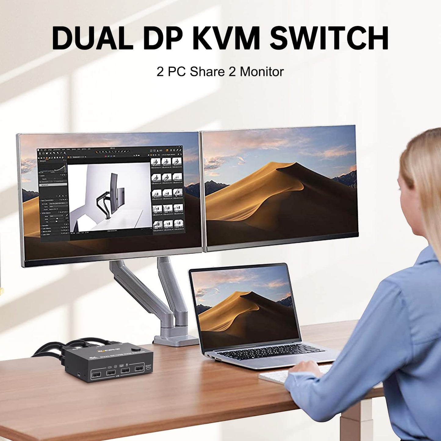 YOUTINGHDAV KVM Switch 2 PC 2 Monitore Displayport 1.4, USB KVM Switch Dual Monitor Displayport 4K@144Hz für 2 PC Teilen 4 USB Geräte Tastatur, Maus, mit Wired Remote und Kabels
