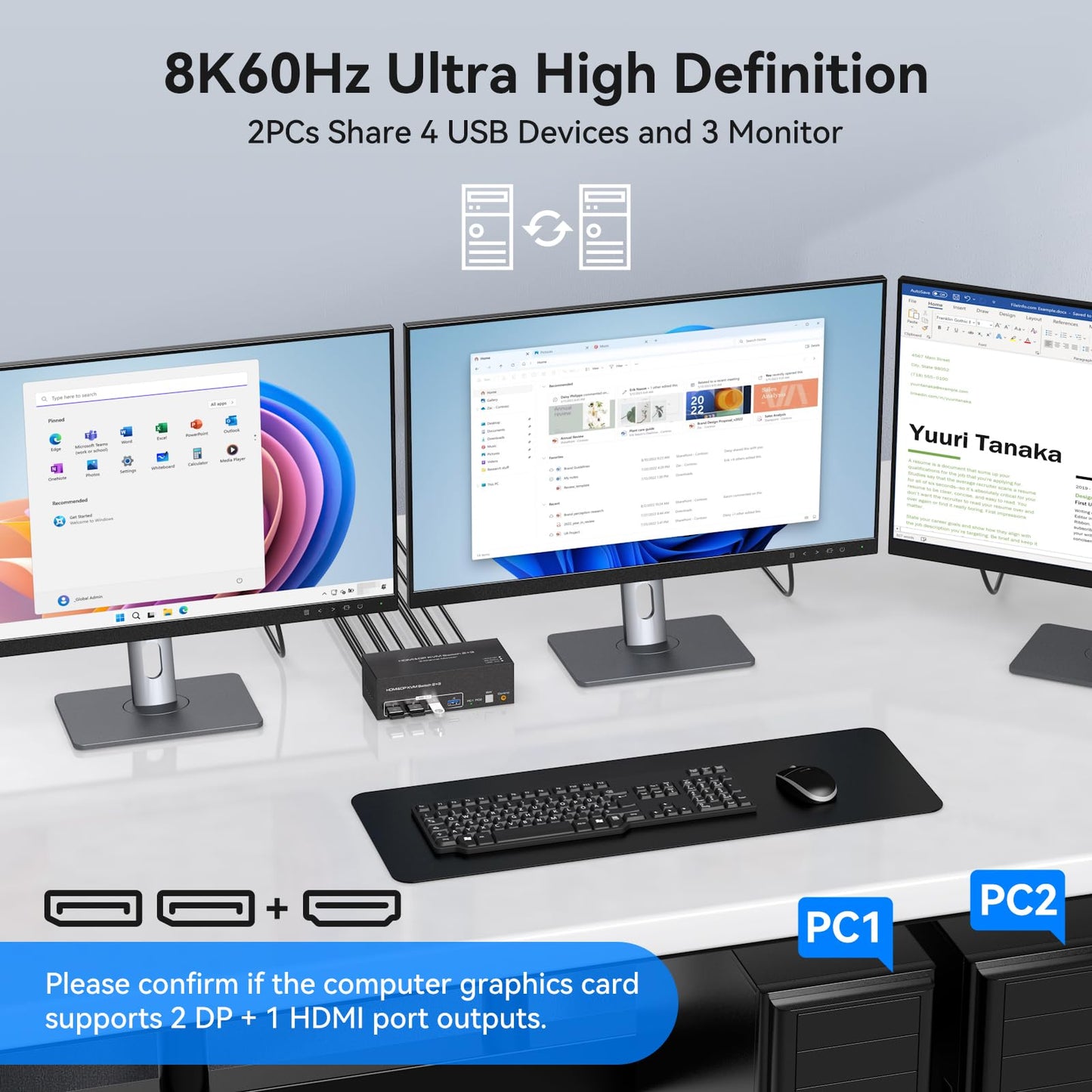 TJCXELE KVM Switch 2 PC 3 Monitore HDMI + 2 DisplayPort 8K60Hz, USB 3.0 KVM Switches for 2 PC Sharing 3 Monitors And 4 USB Devices Supports Extended & Copy Mode with 12V Adapter And Desktop Controller