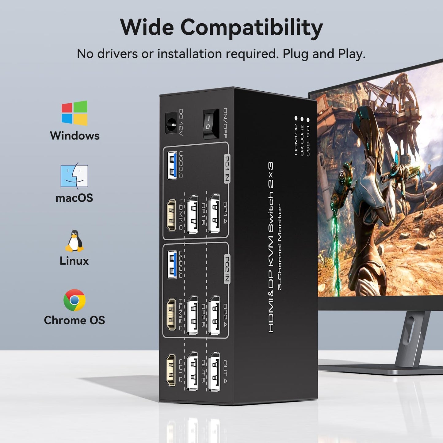 TJCXELE KVM Switch 2 PC 3 Monitore HDMI + 2 DisplayPort 8K60Hz, USB 3.0 KVM Switches for 2 PC Sharing 3 Monitors And 4 USB Devices Supports Extended & Copy Mode with 12V Adapter And Desktop Controller