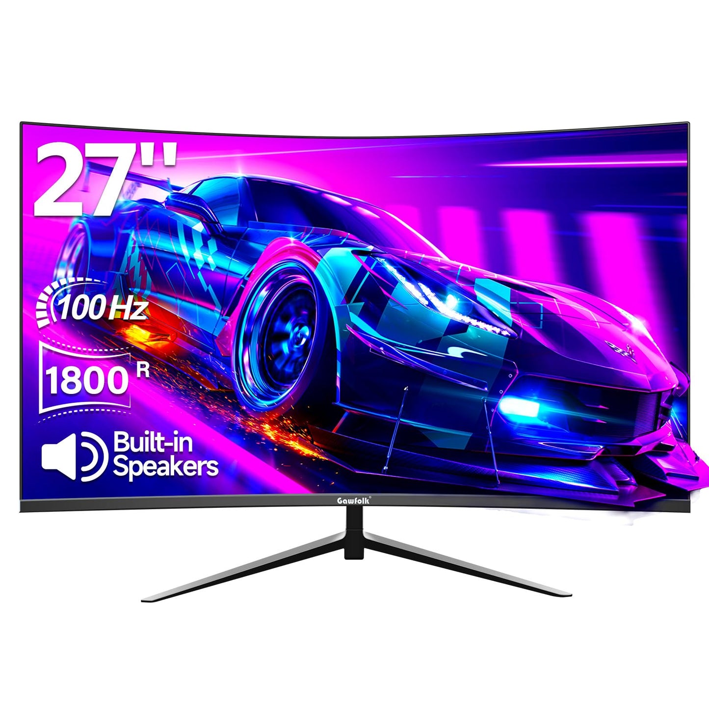 Gawfolk Curved Monitor 27 Zoll 100Hz, PC Bildschirm mit Lautsprecher 1080P, 1800R 75Hz Computerbildschirm mit Eye Care Technologie HDMI DP, unterstützt VESA