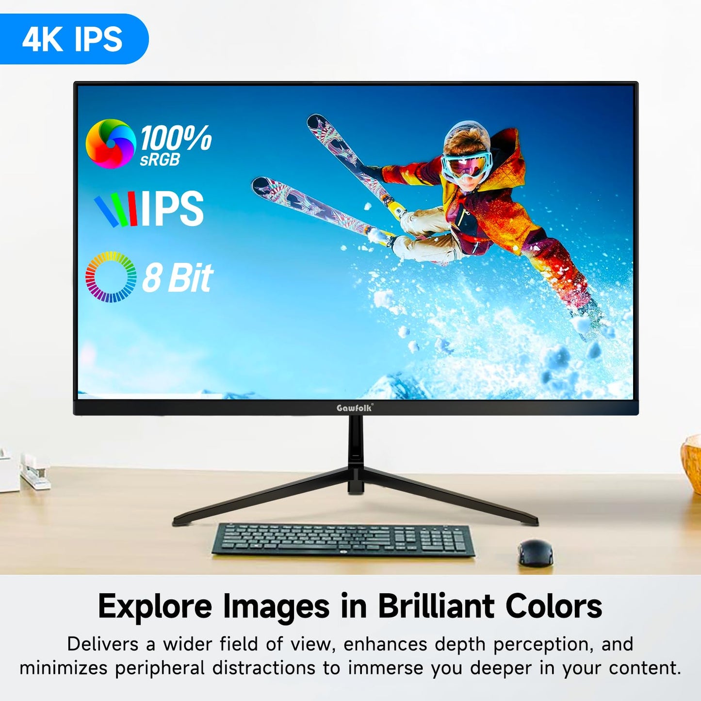 Gawfolk 4K IPS 27 Zoll Monitor 60Hz, PC Bildschirm UHD 3840 x 2160p Rahmenloses Computerbildschirm für Home Office Business, DP, HDMI, VESA 75 * 75MM