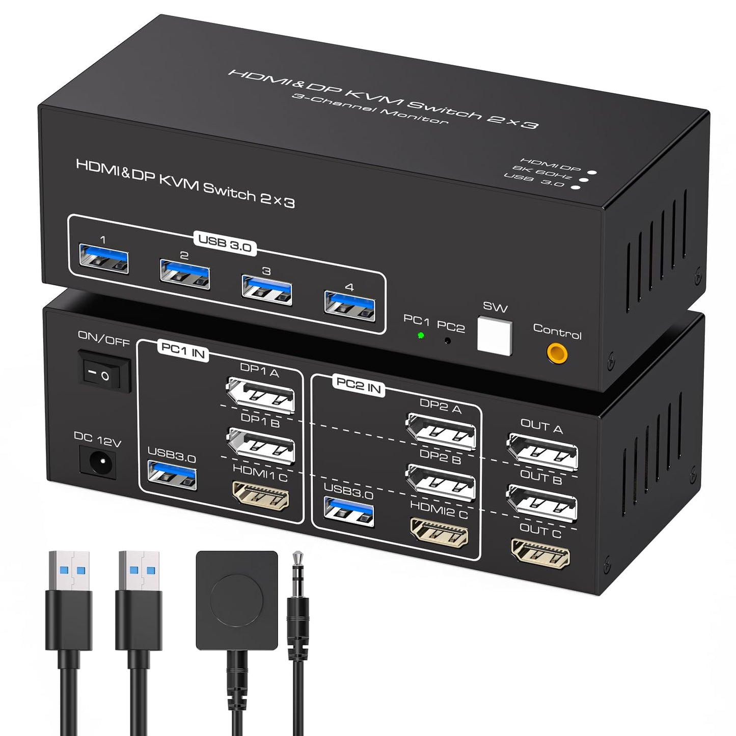 TJCXELE KVM Switch 2 PC 3 Monitore HDMI + 2 DisplayPort 8K60Hz, USB 3.0 KVM Switches for 2 PC Sharing 3 Monitors And 4 USB Devices Supports Extended & Copy Mode with 12V Adapter And Desktop Controller