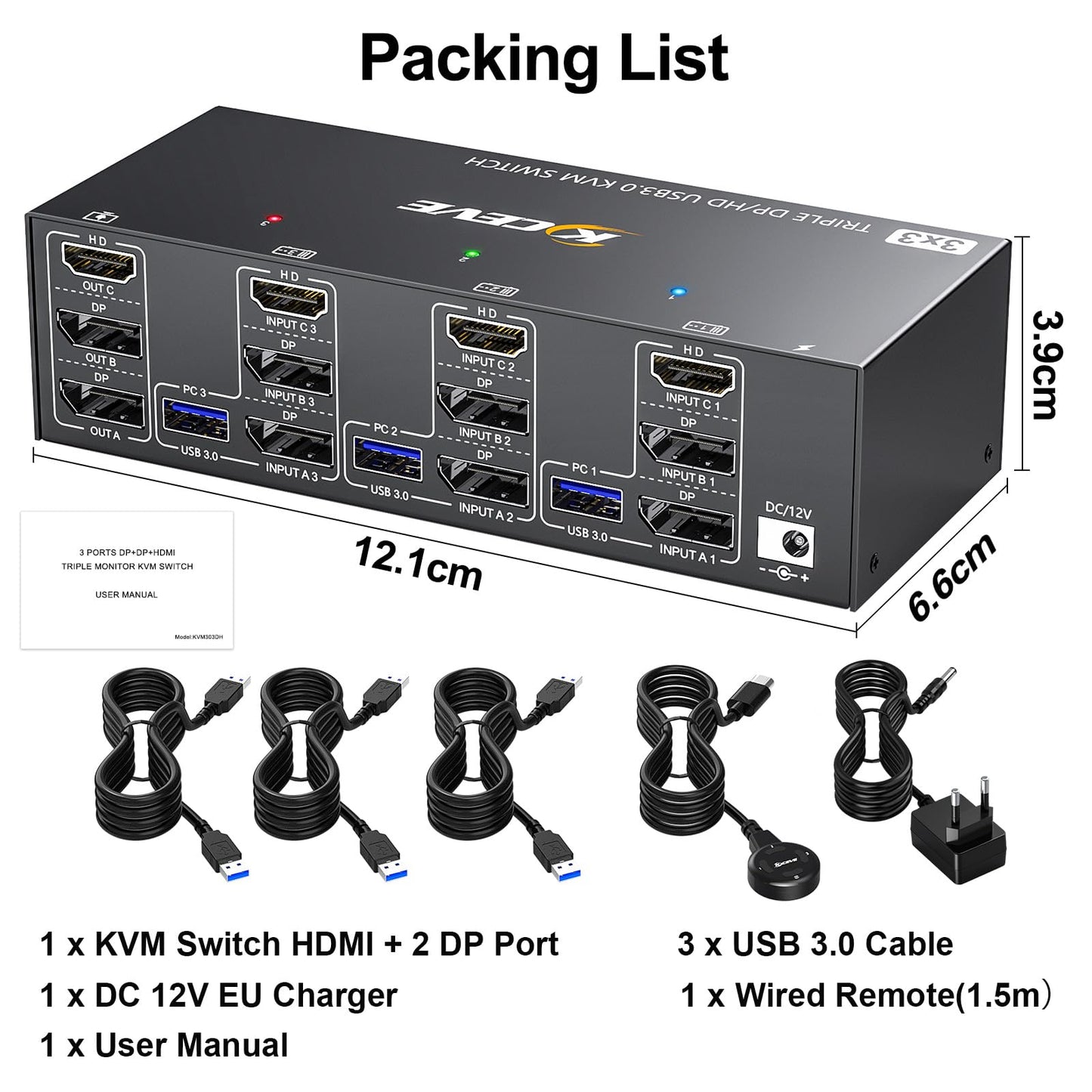YOUTINGHDAV KVM Switch 3 PC 3 Monitore 8K@60Hz, 4K@144Hz, USB 3.0 KVM Switch Triple Monitor 2 Displayport 1.4 + HDMI 2.1 für 3 PC Teilen Maus, Tastatur mit Wired Remote