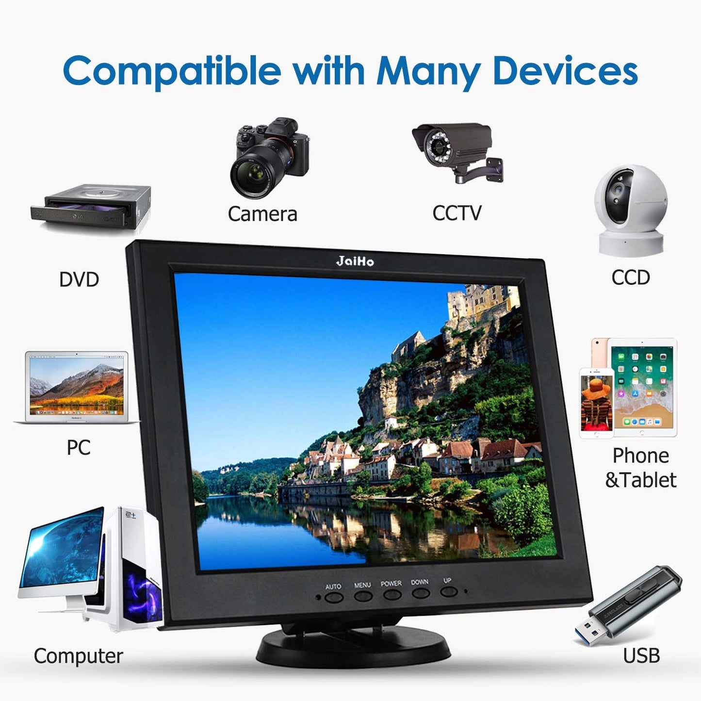 JaiHo 12 Zoll CCTV Monitor Audio Video Display, 4:3 Kleiner PC Bildschirm mit HDMI/VGA/BNC/AV/USB LCD Monitore für House Überwachungs Kamera PC DVD DVR Raspberry Pi, 800x600