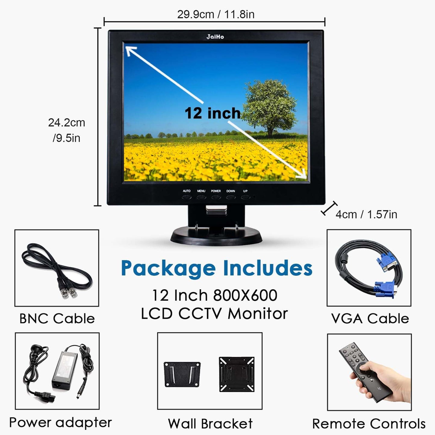 JaiHo 12 Zoll CCTV Monitor Audio Video Display, 4:3 Kleiner PC Bildschirm mit HDMI/VGA/BNC/AV/USB LCD Monitore für House Überwachungs Kamera PC DVD DVR Raspberry Pi, 800x600