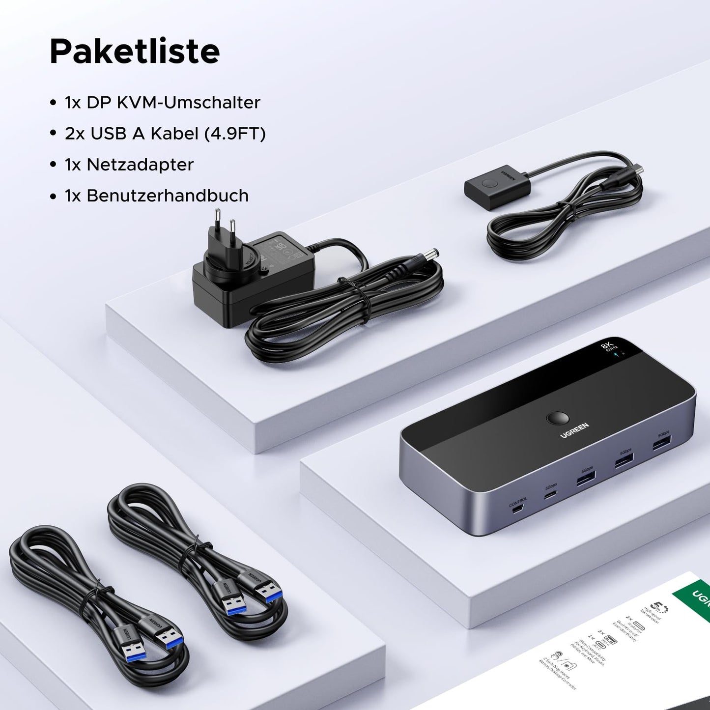 UGREEN Displayport KVM Switch 2 PC 2 Monitore 8K60Hz KVM Umschalter mit 4 USB 3.0 Ports Tastatur und Desktop-Controller Umschaltung Kompatibel mit Windows/Linux/MacOS usw.