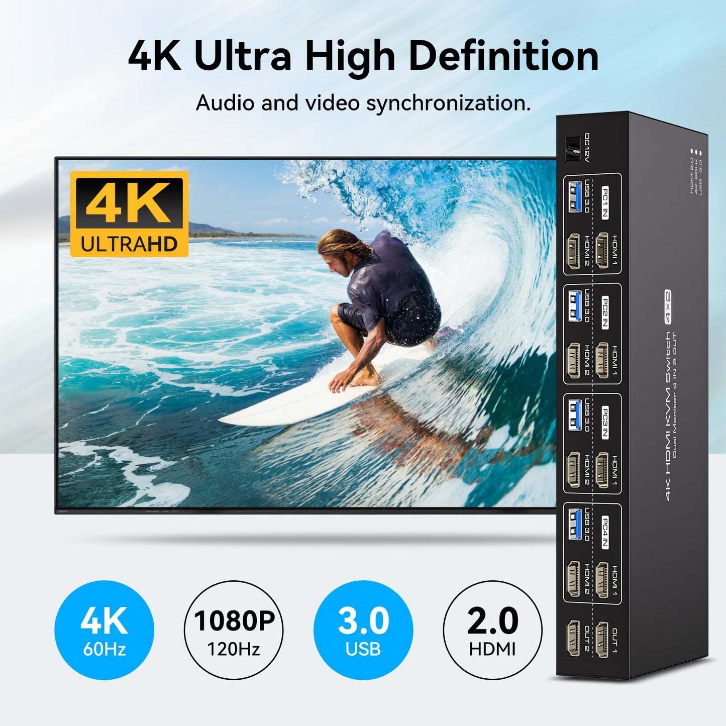 PVBCTCSID KVM Switch 4 PC 2 Monitore 4K60Hz HDMI KVM Switch 4 Port USB Umschalter 4 In 2 Out für 4 PC Dual Monitor Und USB3.0-Geräte Mit Vier USB3.0-Kabeln Und IR-Fernbedienung