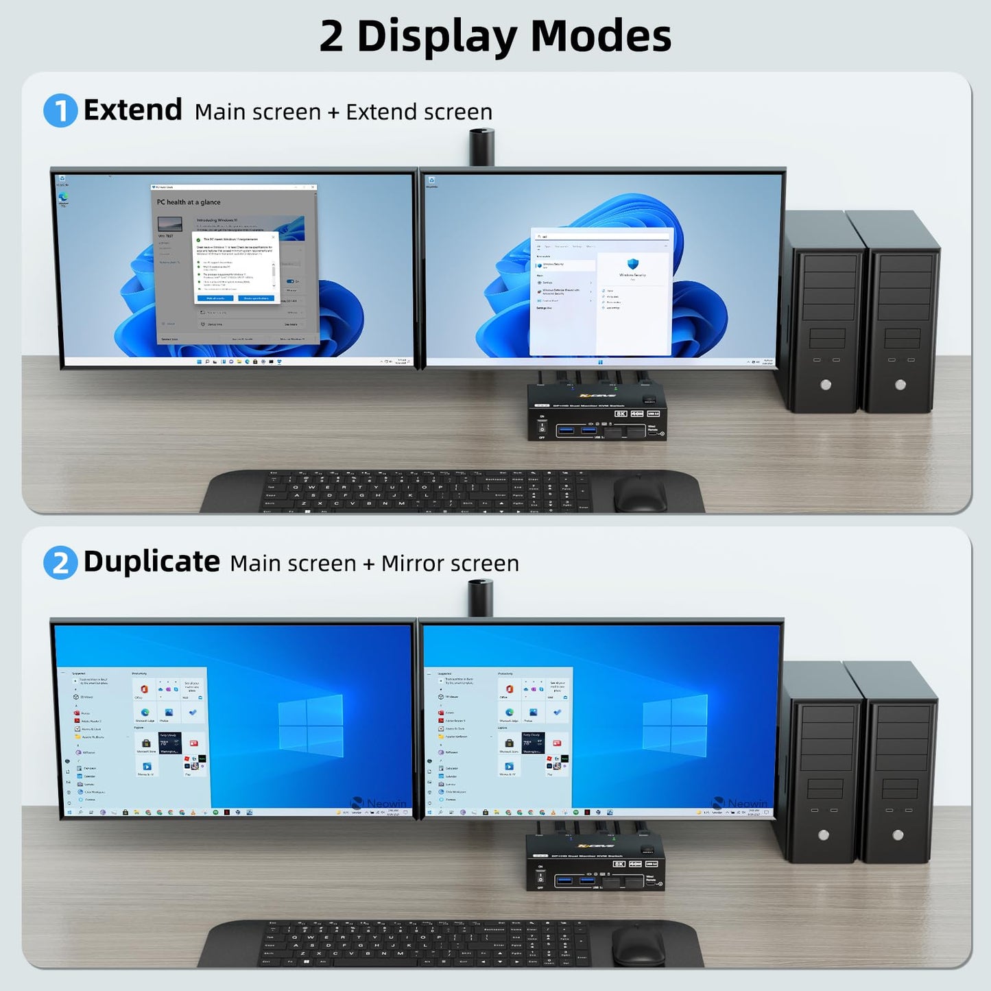 KVM Switch 2 Monitore 2 PC 8K, Displayport + HDMI USB 3.0 KVM Umschalter für zwei Monitore, Unterstützt 8K@60Hz, 4K@120Hz für 2 Computer, die Tastatur, Maus und Monitor teilen