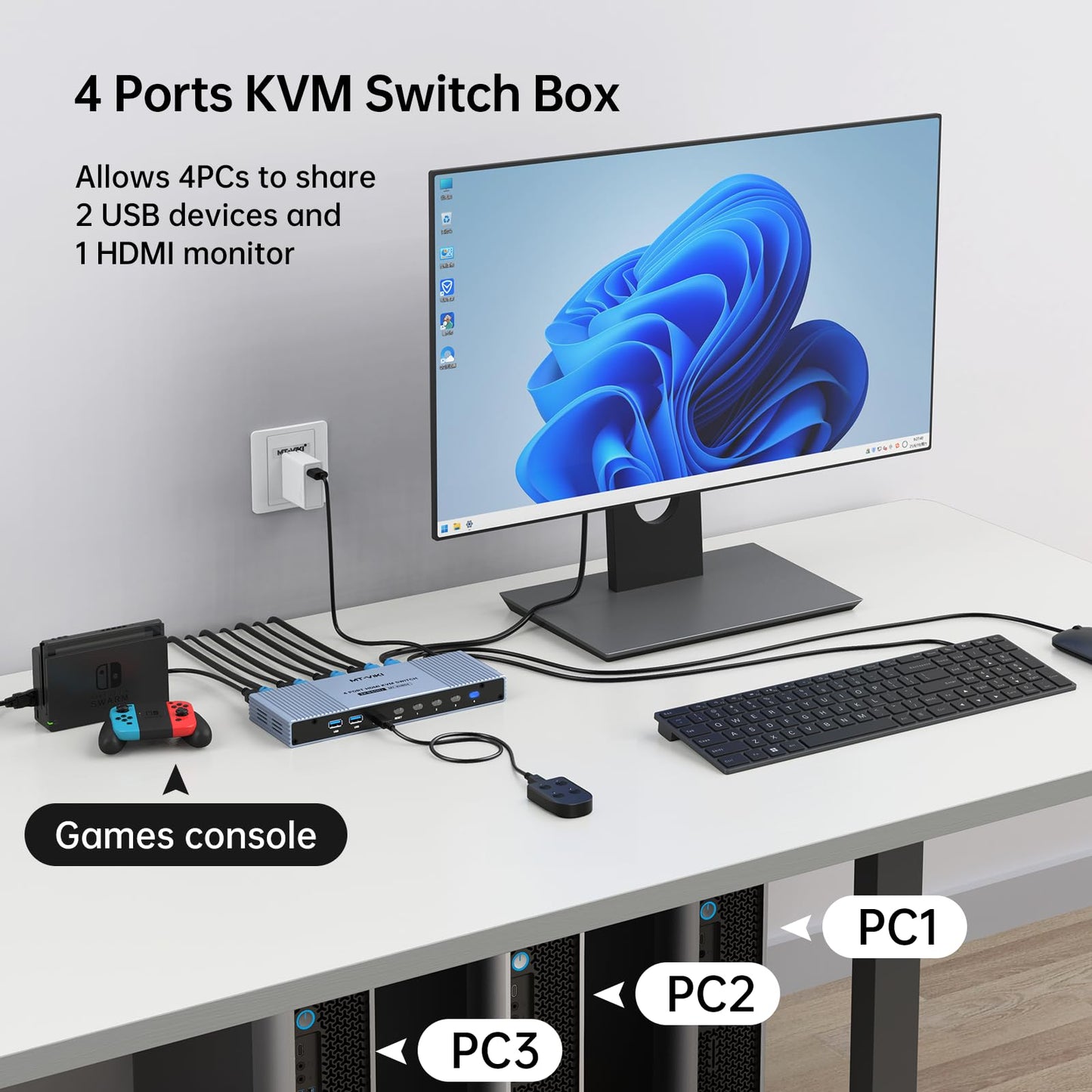 MT-VIKI 8K60Hz HDMI KVM Switch 4 Port 4 PC 1 Monitor Unterstützt eine Tastatur Maus mit 4* USB 3.0 4K@120/144Hz 2K@165Hz 1080P@240Hz HDMI 2.1& HDCP 2.3