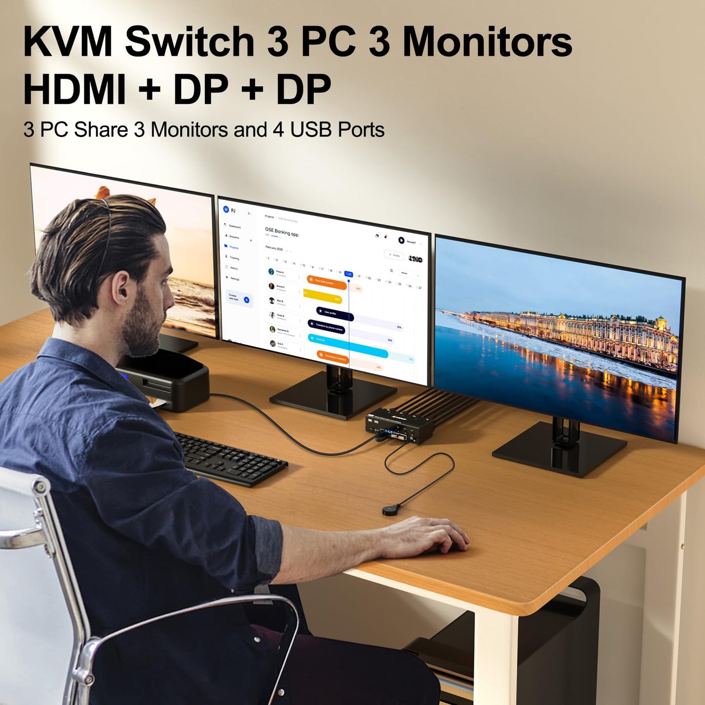 YOUTINGHDAV KVM Switch 3 PC 3 Monitore 8K@60Hz, 4K@144Hz, USB 3.0 KVM Switch Triple Monitor 2 Displayport 1.4 + HDMI 2.1 für 3 PC Teilen Maus, Tastatur mit Wired Remote