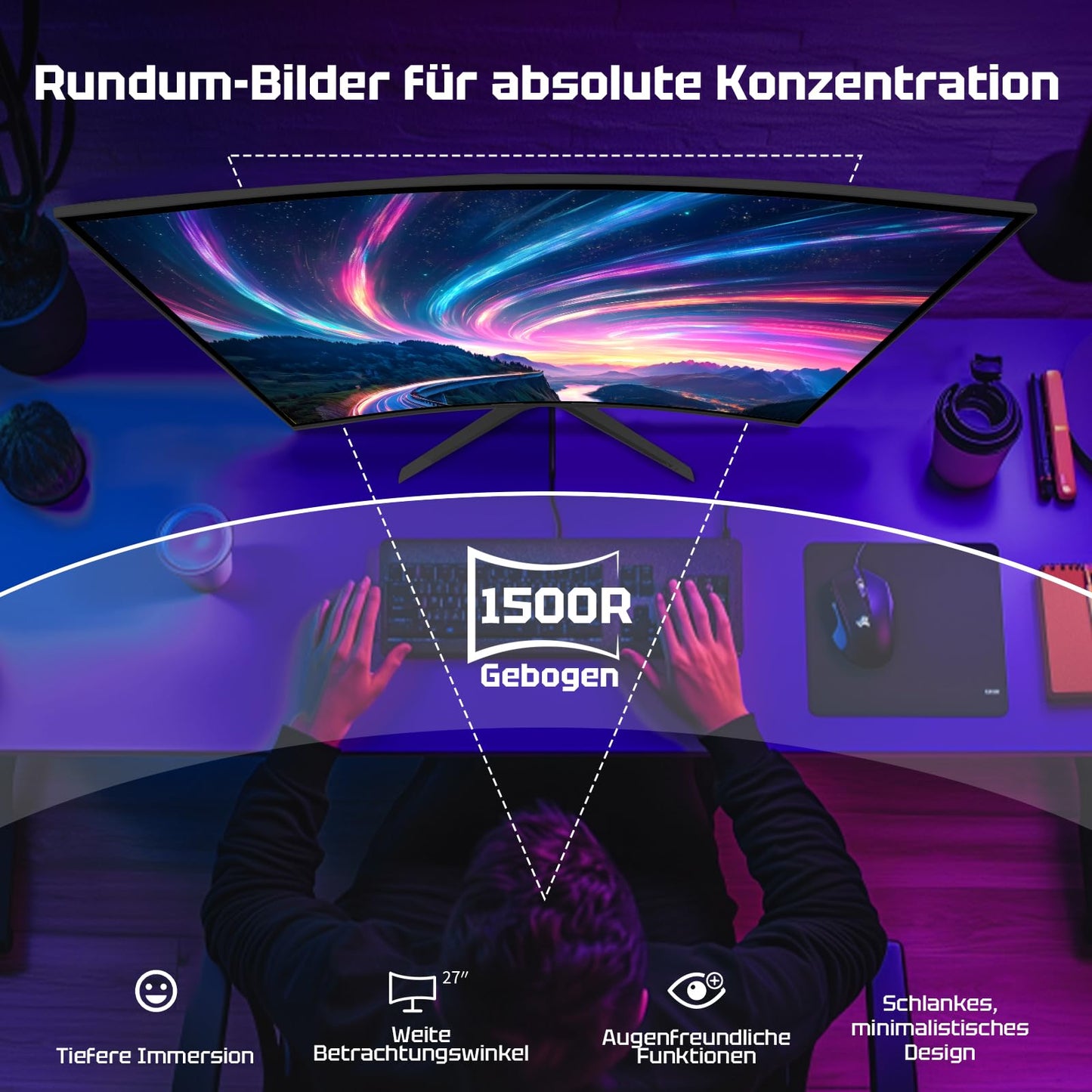 Amzfast Curved Gaming Monitor 27 Zoll, 240Hz(DP), FHD(1920x1080), sRGB 130%, DCI-P3 98%, VA Panel 1500R, 1ms GtG, Adaptive Sync, Eye-Care, VESA 100x100, HDMI 2.0/DP 1.4 mit DP-Kabel - AMZG27C1 Pro