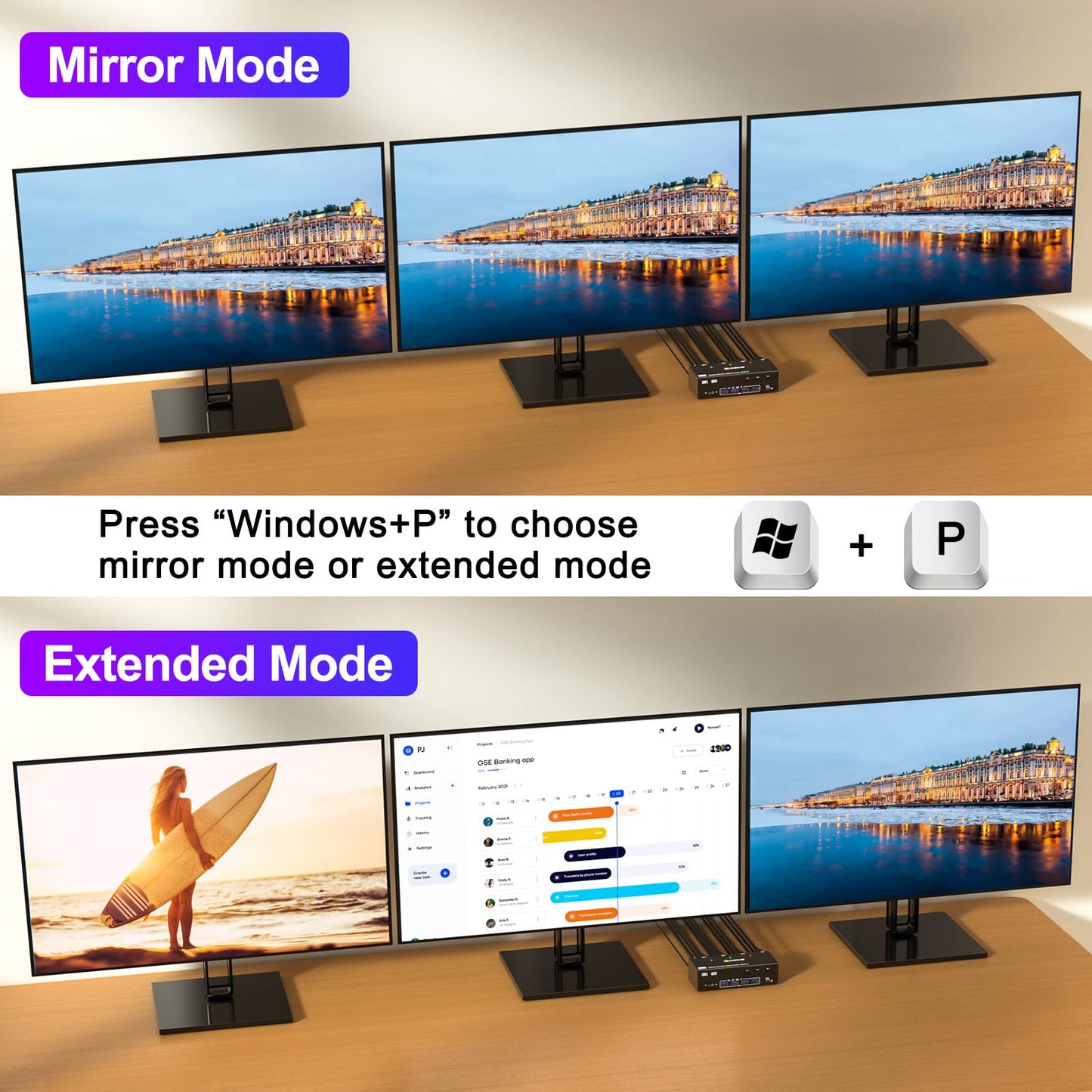 YOUTINGHDAV KVM Switch 3 PC 3 Monitore 8K@60Hz, 4K@144Hz, USB 3.0 KVM Switch Triple Monitor 2 Displayport 1.4 + HDMI 2.1 für 3 PC Teilen Maus, Tastatur mit Wired Remote