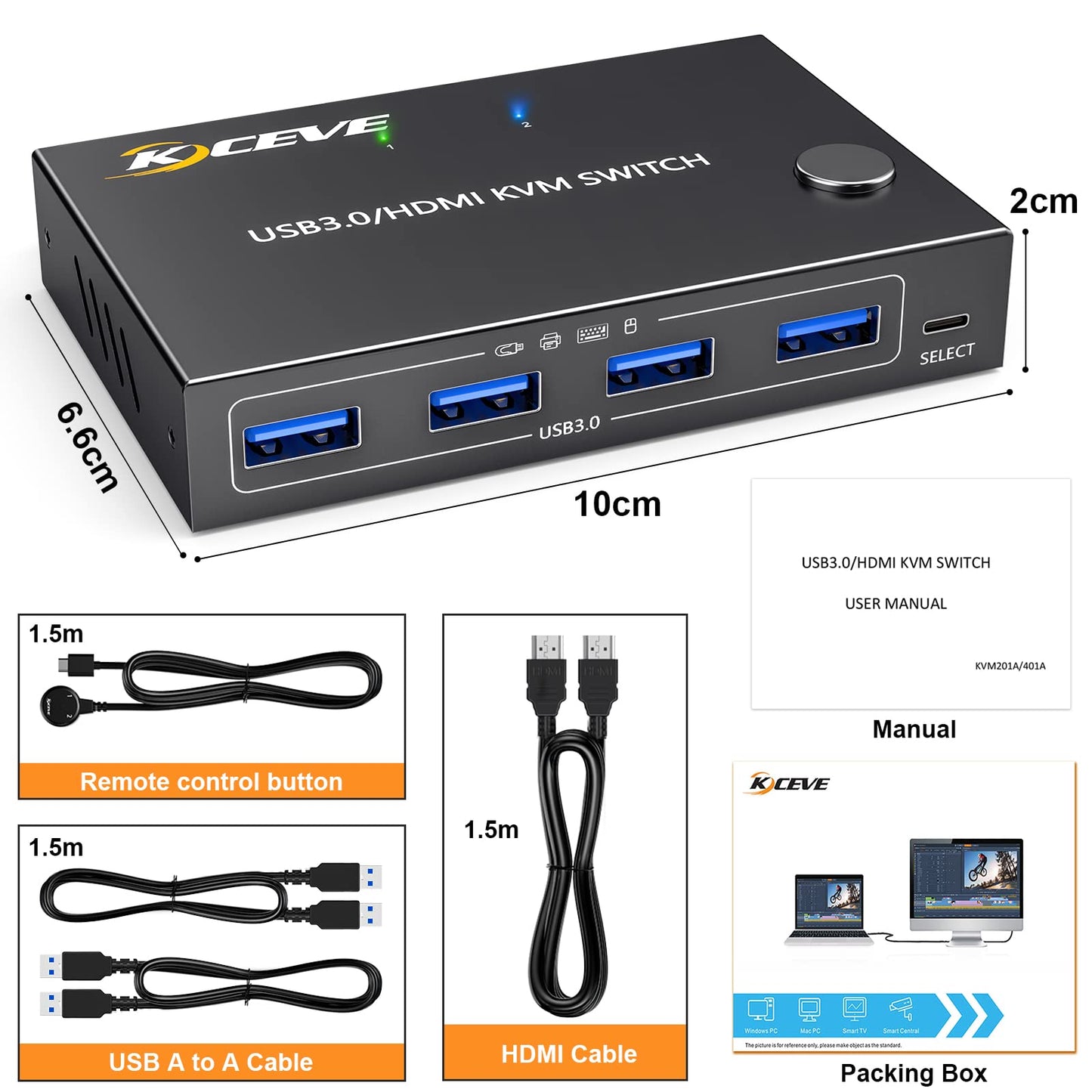 YOUTINGHDAV KVM Switch 2 PC 1 Monitor 4K@60Hz, USB 3.0 HDMI KVM Switch 2 Port EDID Emulator, USB HDMI Switch 2 PC Teilen 4 USB 3.0 Geräte Maus Tastatur, mit Wired Remote