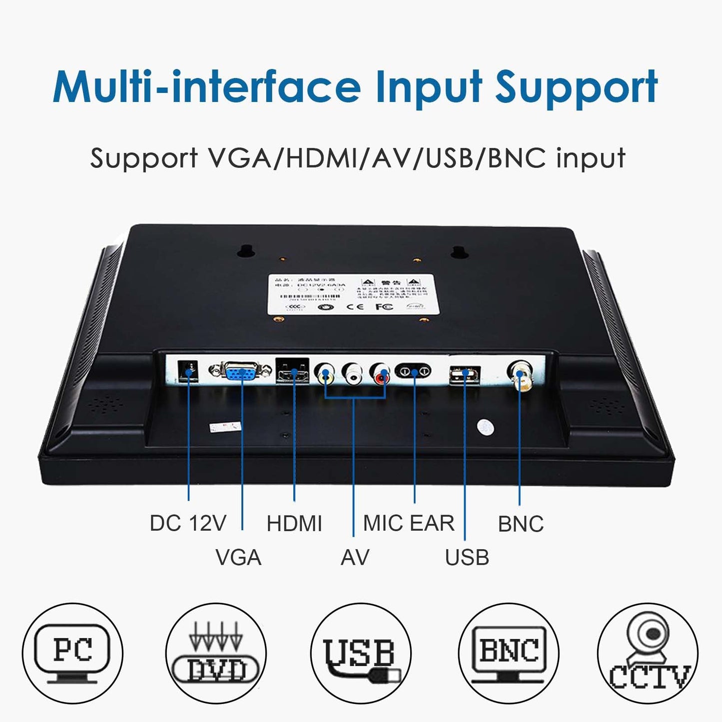 JaiHo 12 Zoll CCTV Monitor Audio Video Display, 4:3 Kleiner PC Bildschirm mit HDMI/VGA/BNC/AV/USB LCD Monitore für House Überwachungs Kamera PC DVD DVR Raspberry Pi, 800x600
