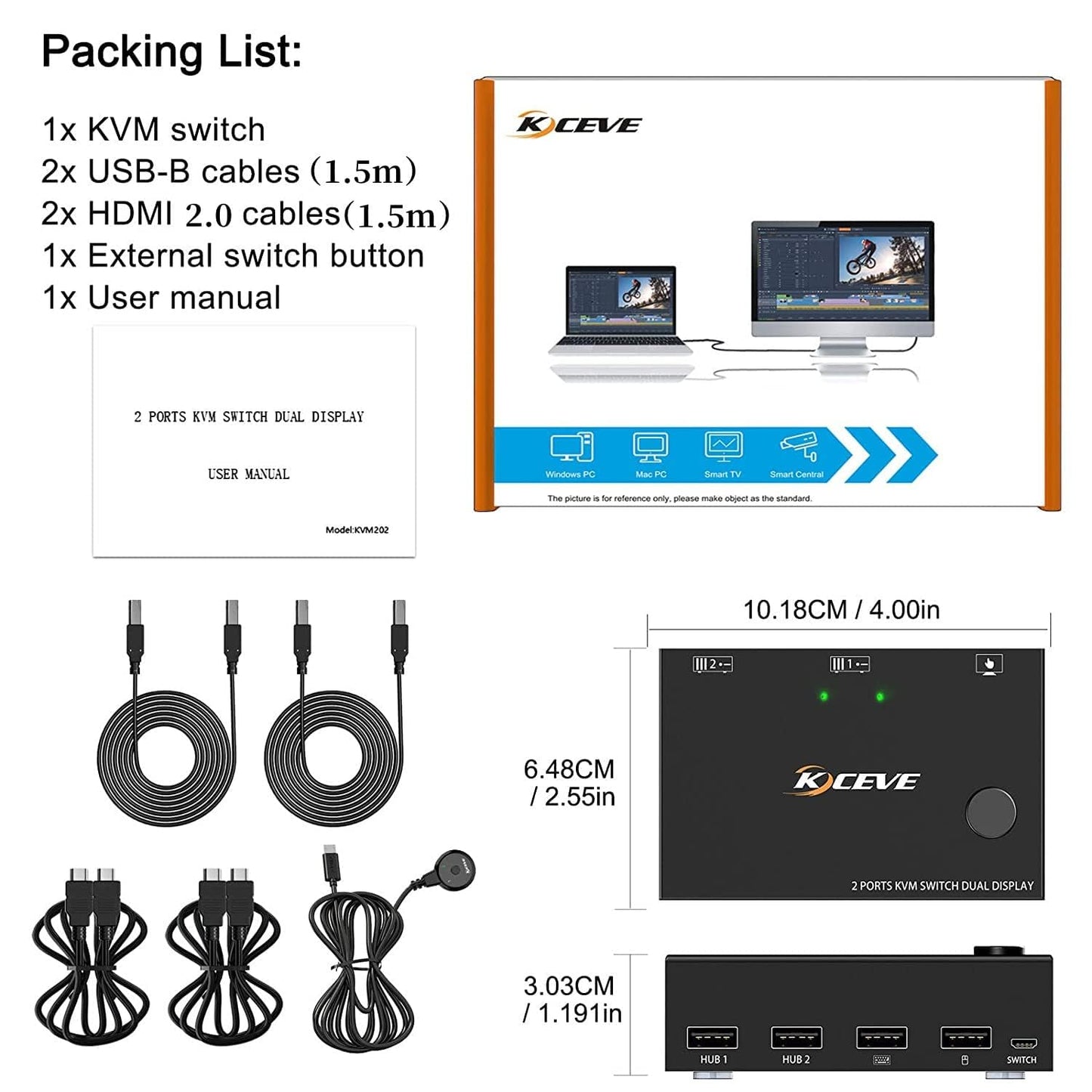 Dual Monitor KVM Switch HDMI 2 Port 4K@30Hz, MLEEDA KVM Switch 2 Monitore für 2 Computer teilen sich 2 Monitore und 4 USB 2.0 Hub, Desktop Controller und USB HDMI Kabel im Lieferumfang enthalten
