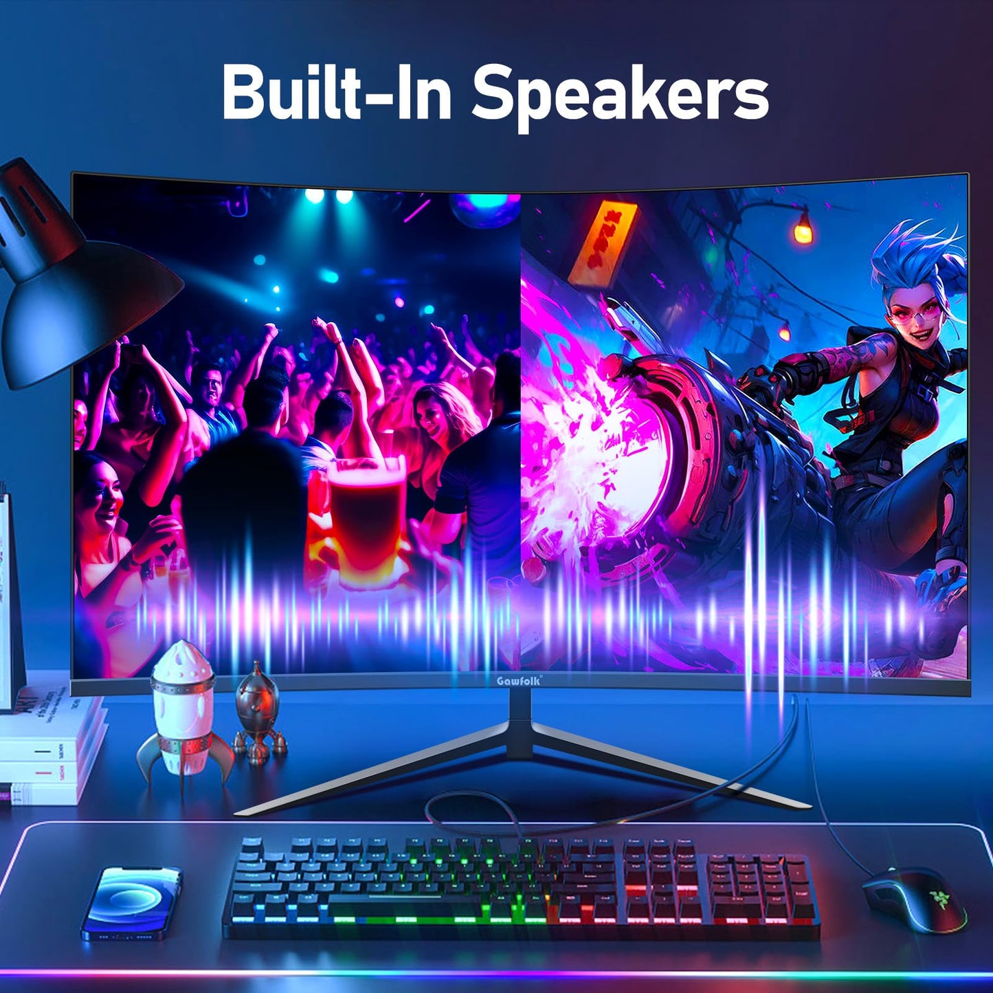 Gawfolk Curved Monitor 27 Zoll 100Hz, PC Bildschirm mit Lautsprecher 1080P, 1800R 75Hz Computerbildschirm mit Eye Care Technologie HDMI DP, unterstützt VESA
