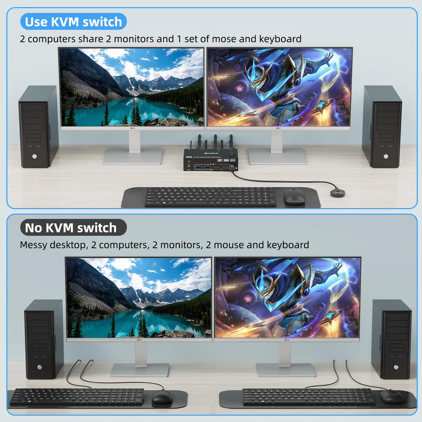 KVM Switch 2 Monitore 2 PC 8K, Displayport + HDMI USB 3.0 KVM Umschalter für zwei Monitore, Unterstützt 8K@60Hz, 4K@120Hz für 2 Computer, die Tastatur, Maus und Monitor teilen