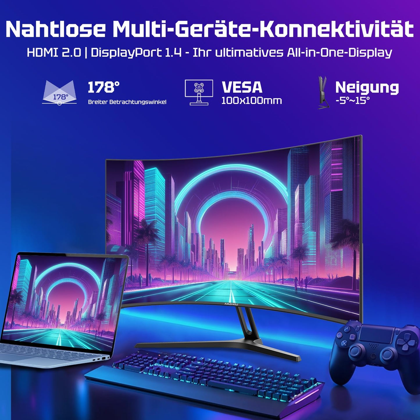 Amzfast Curved Gaming Monitor 27 Zoll, 240Hz(DP), FHD(1920x1080), sRGB 130%, DCI-P3 98%, VA Panel 1500R, 1ms GtG, Adaptive Sync, Eye-Care, VESA 100x100, HDMI 2.0/DP 1.4 mit DP-Kabel - AMZG27C1 Pro