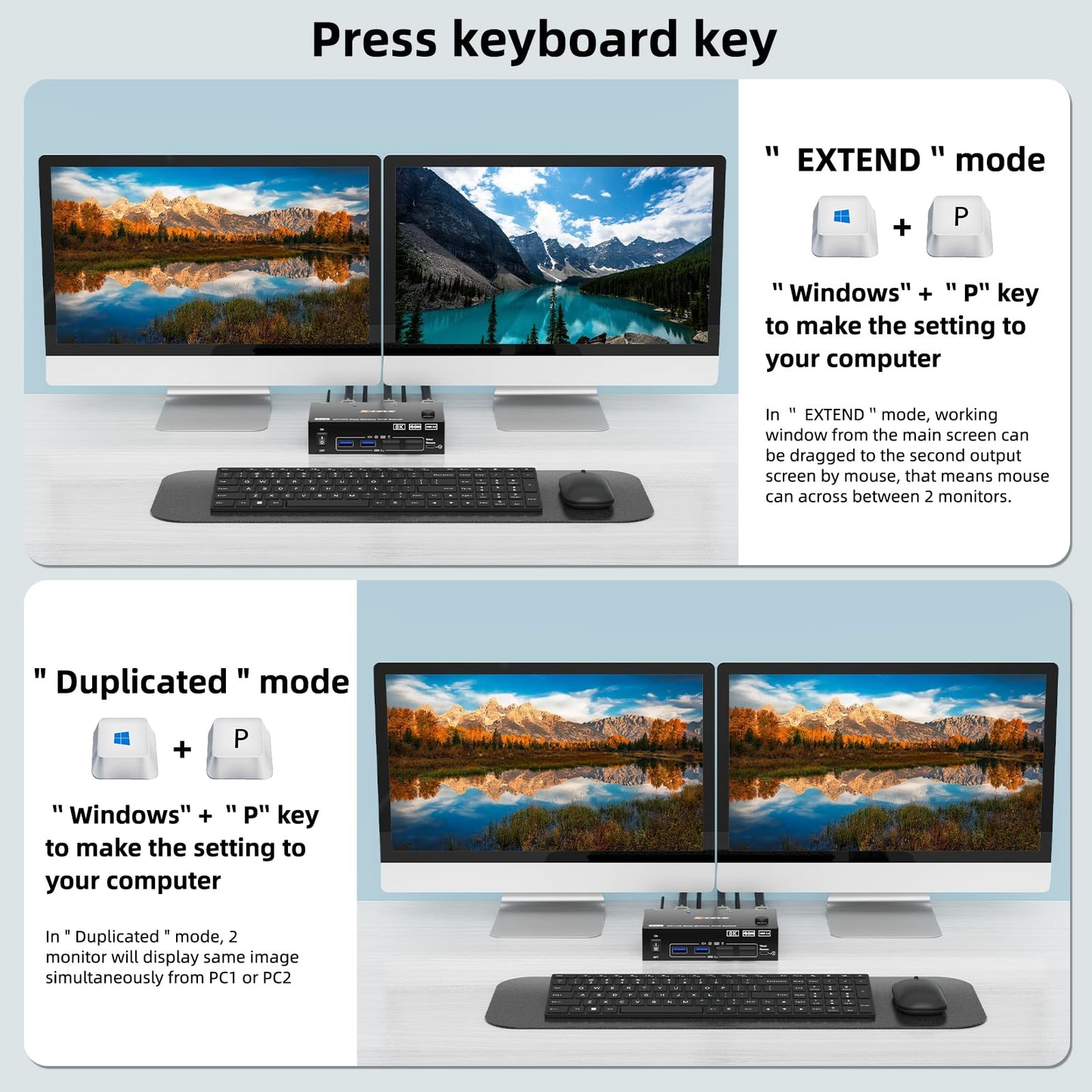 KVM Switch 2 Monitore 2 PC 8K, Displayport + HDMI USB 3.0 KVM Umschalter für zwei Monitore, Unterstützt 8K@60Hz, 4K@120Hz für 2 Computer, die Tastatur, Maus und Monitor teilen