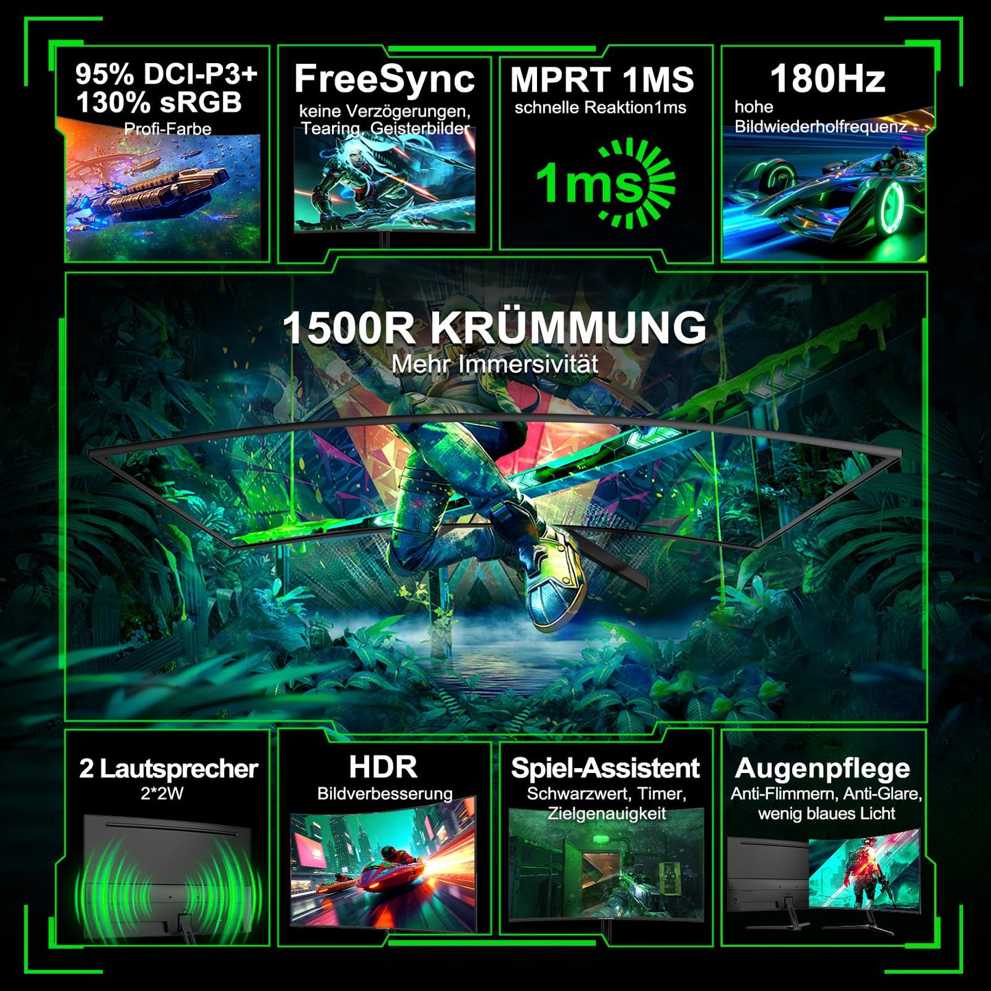Minifire 27 Zoll Gaming Monitor, 180Hz, Curved Gaming Monitor, Lautsprecher, 1500R, 1Ms, sRGB130%, FHD 1080P Computer Bildschirm, VESA kompatibel, Eye Care Adaptive Sync HDMI&DP Prots(MFG27C1 )