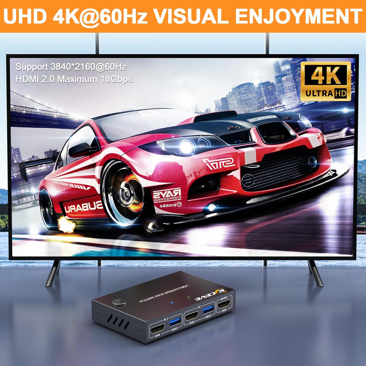 YOUTINGHDAV KVM Switch 2 PC 1 Monitor 4K@60Hz, USB 3.0 HDMI KVM Switch 2 Port EDID Emulator, USB HDMI Switch 2 PC Teilen 4 USB 3.0 Geräte Maus Tastatur, mit Wired Remote