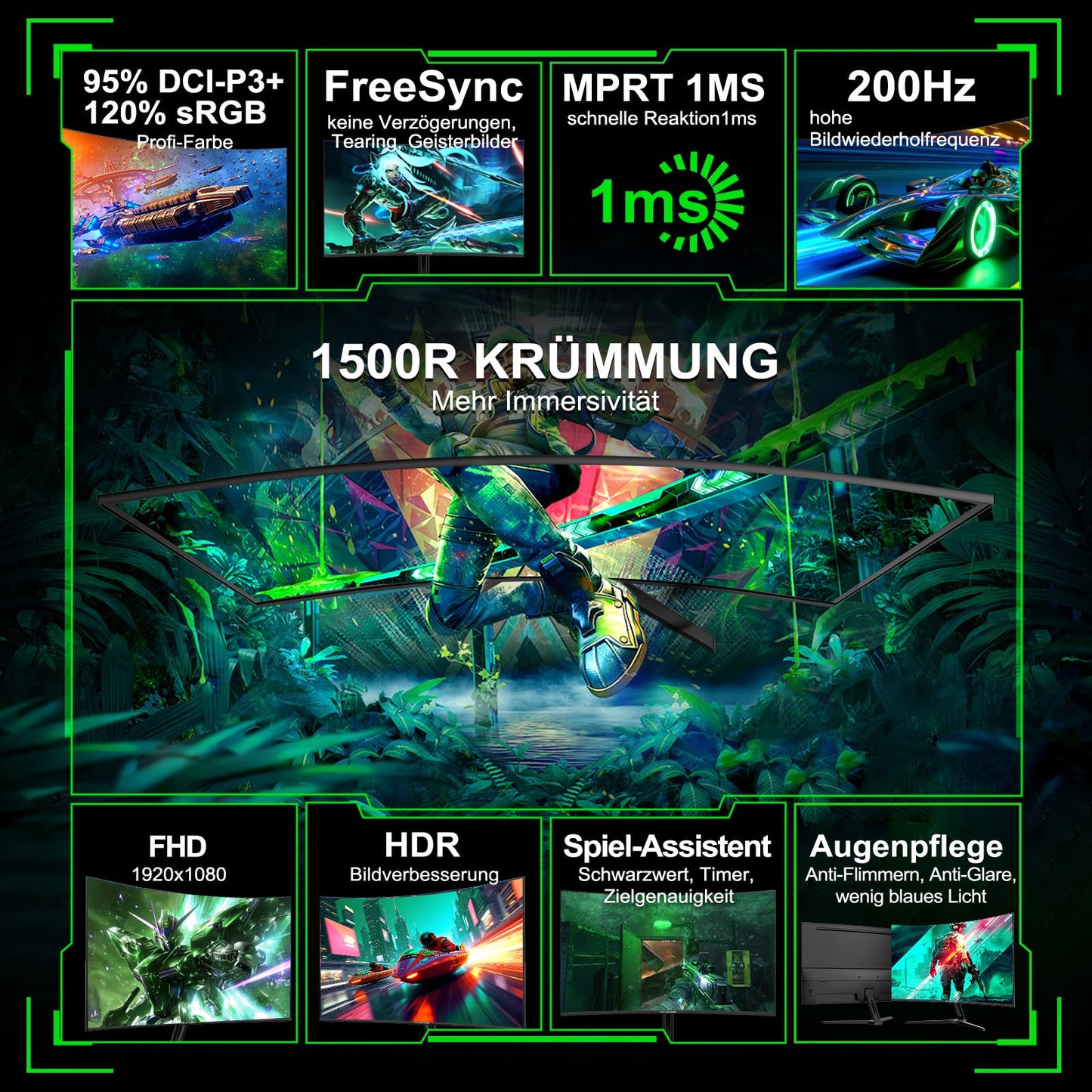 Minifire Gaming Curved Monitor 27 Zoll MFG27C1 200Hz 1Ms 130% sRGB Monitor mit Sprecher 1920 * 1080 VA Panel (MFG27C1 mit HDMI-Kabel)