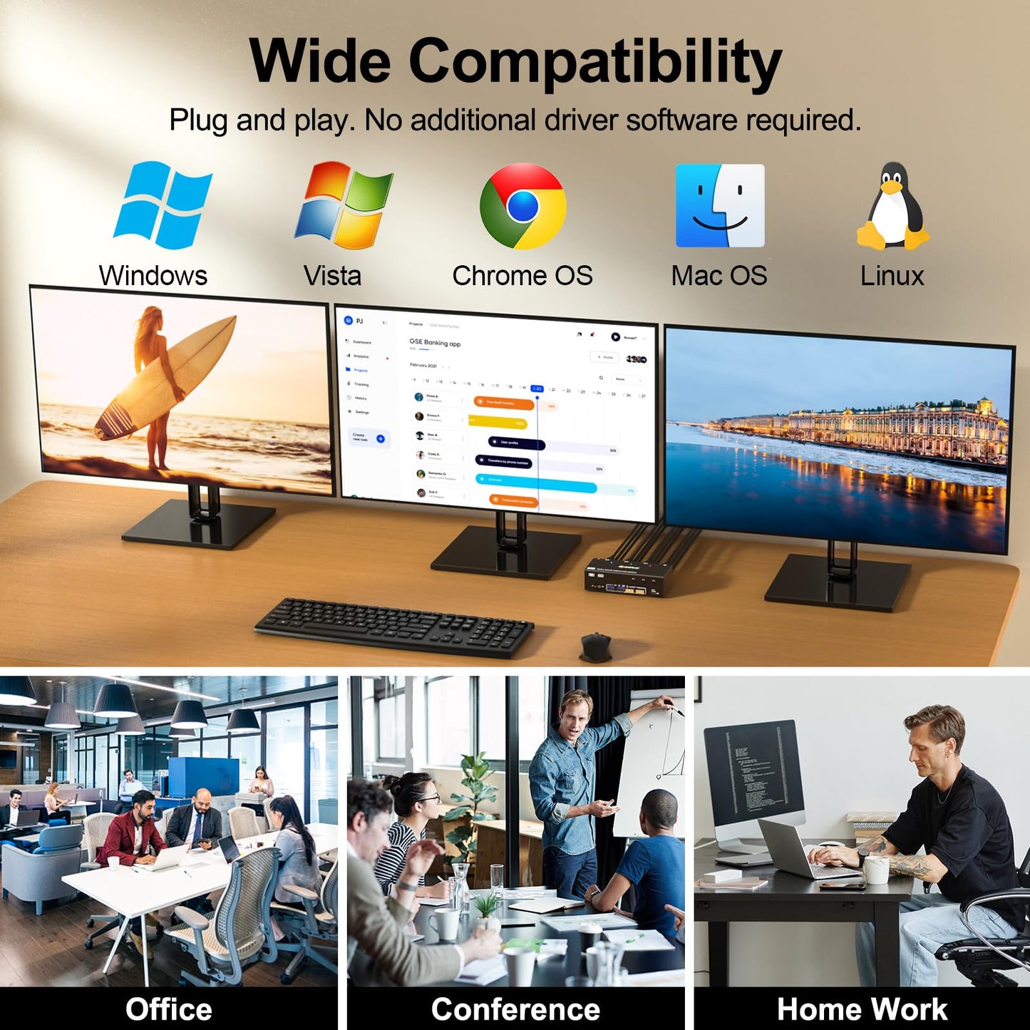 YOUTINGHDAV KVM Switch 3 PC 3 Monitore 8K@60Hz, 4K@144Hz, USB 3.0 KVM Switch Triple Monitor 2 Displayport 1.4 + HDMI 2.1 für 3 PC Teilen Maus, Tastatur mit Wired Remote