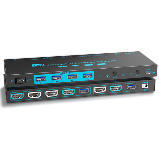 Dual-Modus KVM Switch 2 PC 2 Monitore 8K Dual Monitor HDMI 2.1 Cross Display 2 In 2 Out USB 3.0 KVM-Switches 8K@60Hz/4K@120Hz, mit 2 HDMI-Kabeln & 2 USB 3.0-Kabeln & kabelgebundener